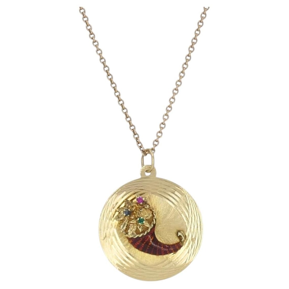 1970s Cornucopia Pendant Necklace 14k 10k Gold Enamel Gemstone: 1970s Cornucopia Pendant Necklace 14k 10k Gold Enamel Gemstone Vintage 1970s pendant necklace featuring a 14k yellow gold cornucopia pendant suspended from a 10k yellow gold chain. The round pendant h