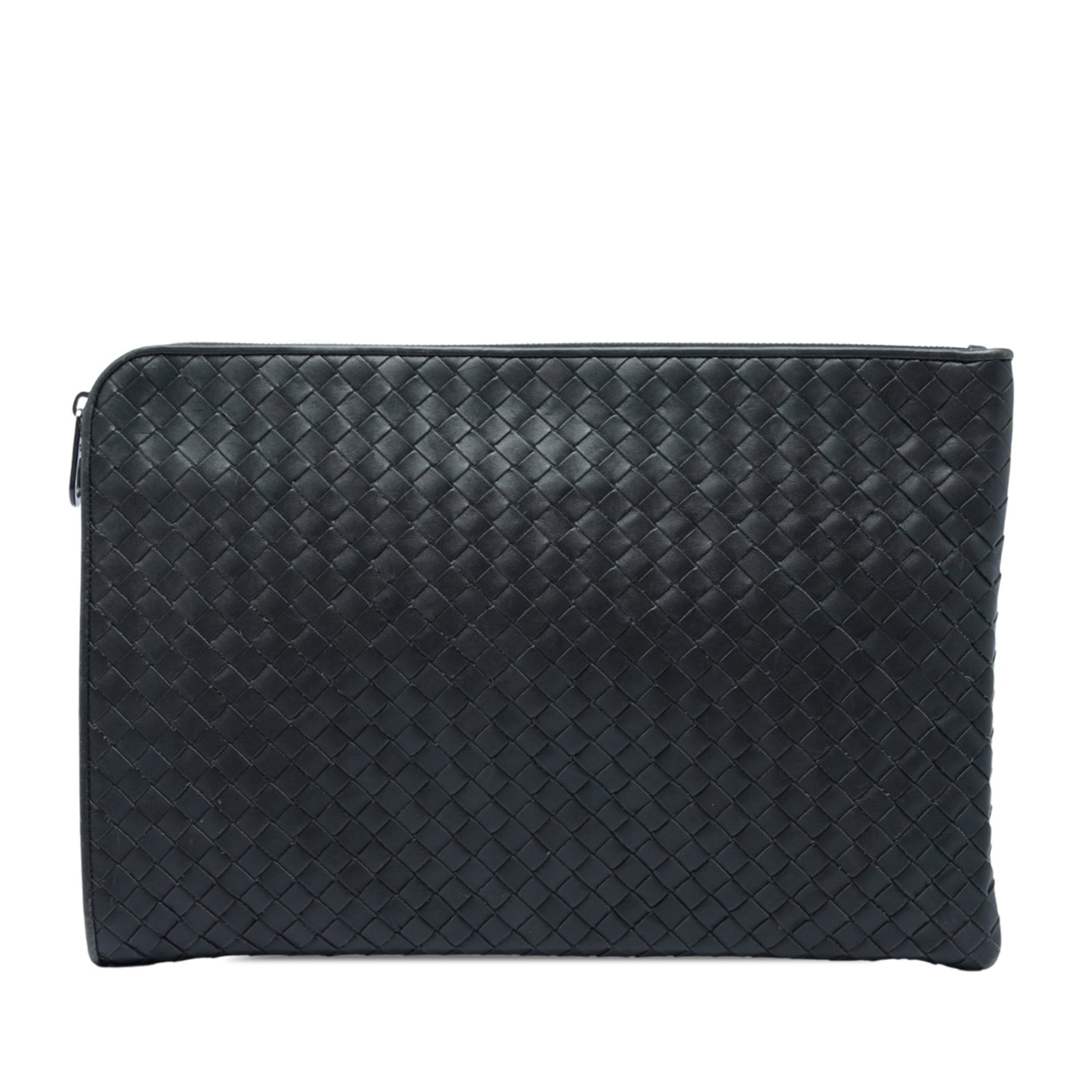 Gray Leather Zip Clutch Bottega Veneta Nappa Intrecciato: Gray Leather Zip Clutch Bottega Veneta Nappa Intrecciato Bottega Veneta Nappa Intrecciato clutch in gray woven leather with a top zip closure. Made in Italy, this clutch has a slim profile and classic