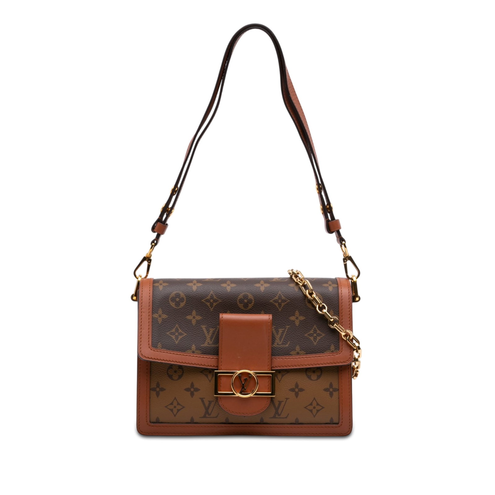 Louis Vuitton Dauphine MM Monogram Reverse Shoulder Bag: Louis Vuitton Dauphine MM Monogram Reverse Shoulder Bag Louis Vuitton Monogram Reverse Dauphine MM bag with a monogram reverse canvas body, gold tone chain, flat leather strap, front flap with magneti