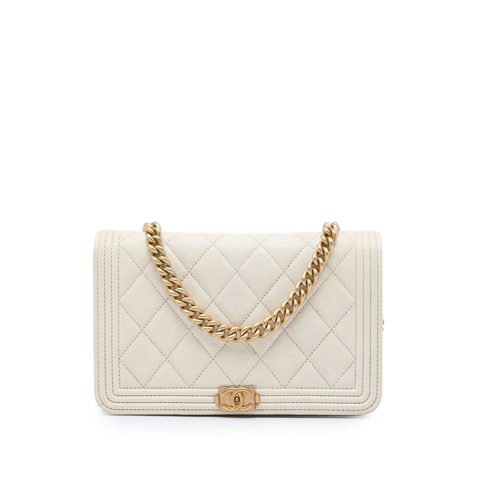 Chanel Boy Wallet on Chain in White Quilted Caviar Leather: Chanel Boy Wallet on Chain in White Quilted Caviar Leather A Chanel Boy Wallet on Chain crafted in white quilted caviar leather. This compact shoulder bag features a chain link strap with a leather gu