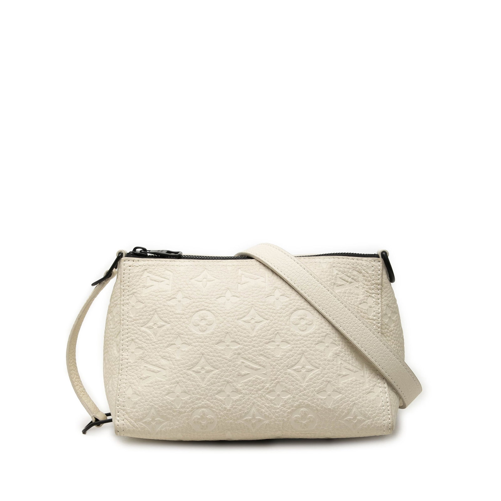 Louis Vuitton Triangle Messenger Crossbody in Monogram Empreinte Leather: Louis Vuitton Triangle Messenger Crossbody in Monogram Empreinte Leather Louis Vuitton Monogram Empreinte Triangle Messenger Bag in white leather with a crossbody silhouette. It features a flat leathe
