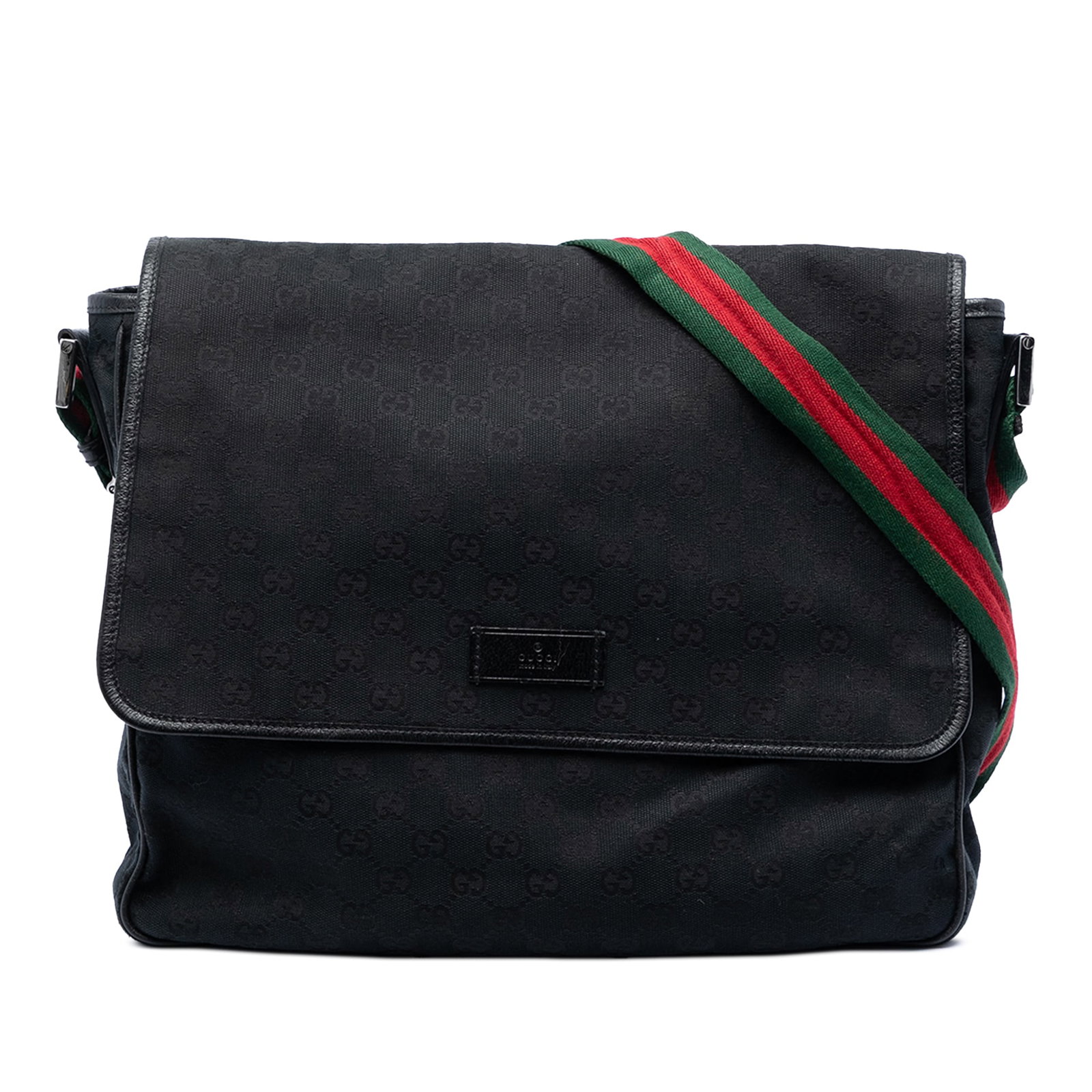 Gucci GG Canvas Web Flap Crossbody Messenger Bag Black: Gucci GG Canvas Web Flap Crossbody Messenger Bag Black Gucci GG Canvas Web Flap Messenger Bag crafted with a canvas body and leather trim. This crossbody style features an adjustable flat web strap, a