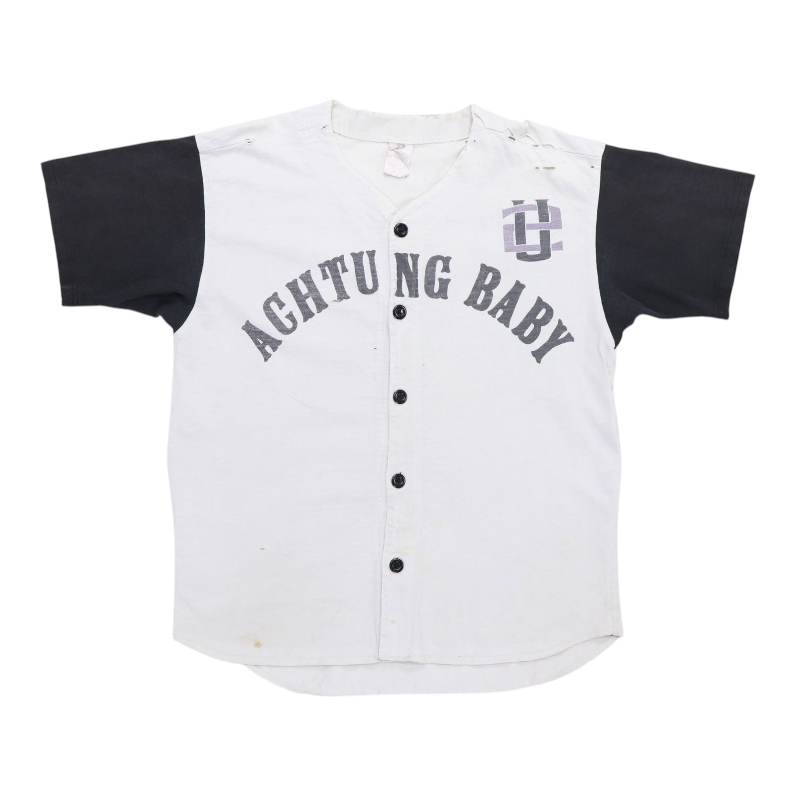 White Cotton Baseball Jersey U2 Achtung 1991 XL: White Cotton Baseball Jersey U2 Achtung 1991 XL Original vintage 1991 U2 Achtung baseball jersey in white. This is a true vintage shirt, not a modern reproduction. It has no back graphics and remains 