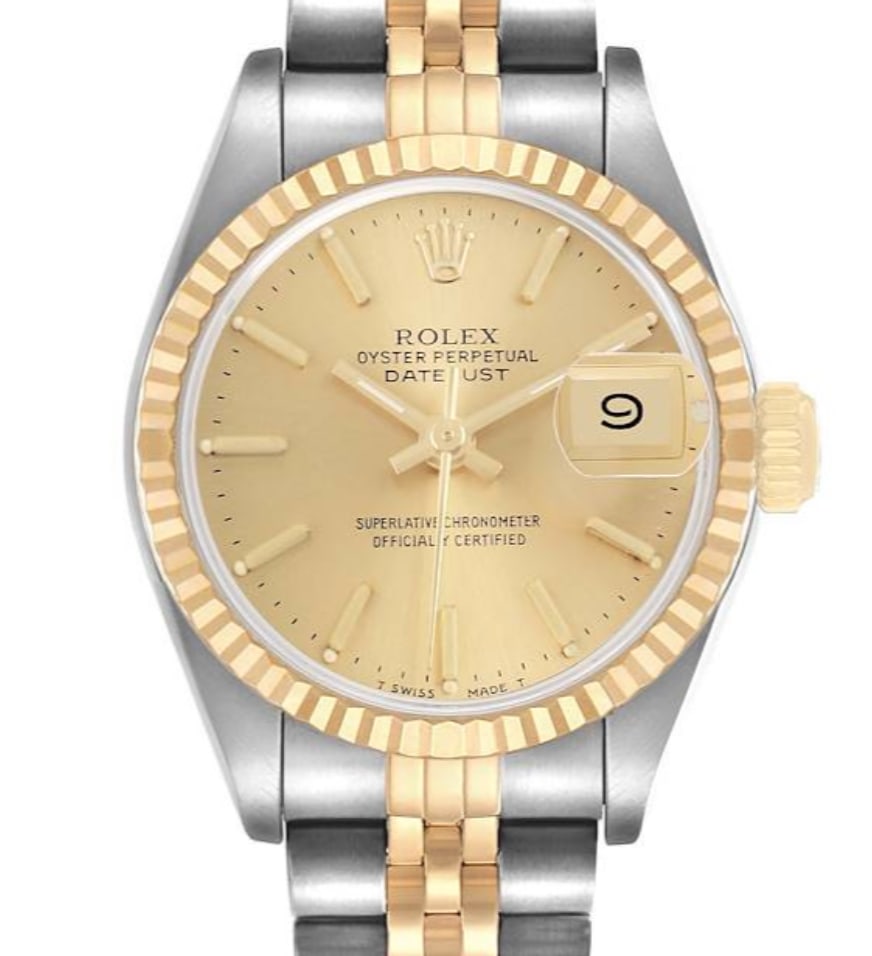 Rolex 69173 Datejust Lady watch with Jubilee bracelet and papers: Rolex 69173 Datejust Lady watch with Jubilee bracelet and papers Rolex Datejust Lady wristwatch featuring a champagne stick dial, fluted bezel, and D-Link Jubilee bracelet. This ladies' watch is refer