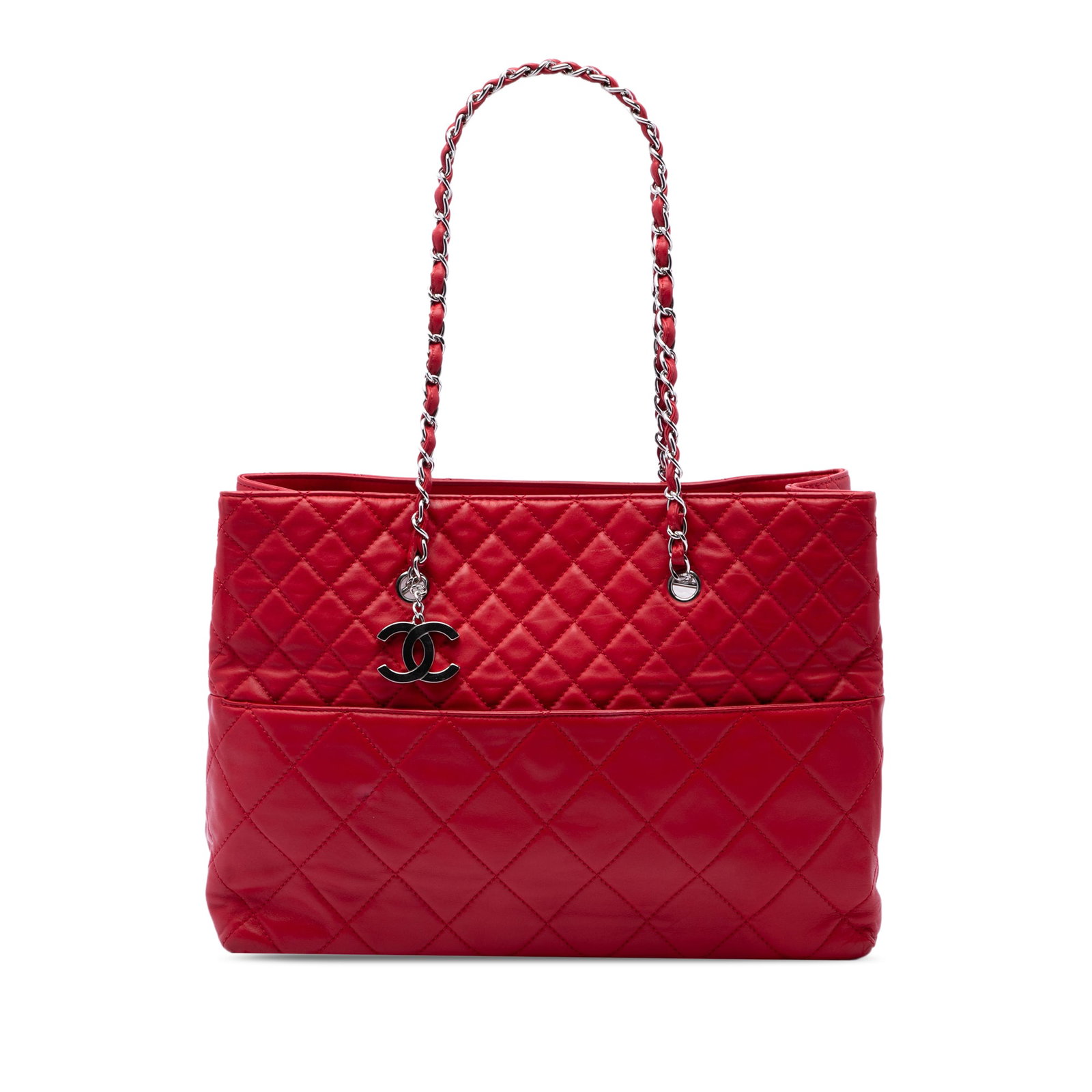 Chanel In The Business Large Quilted Calfskin Tote Red: Chanel In The Business Large Quilted Calfskin Tote Red A Chanel In The Business tote crafted in red quilted calfskin leather. This large tote features leather-woven chain straps, an open top with magn