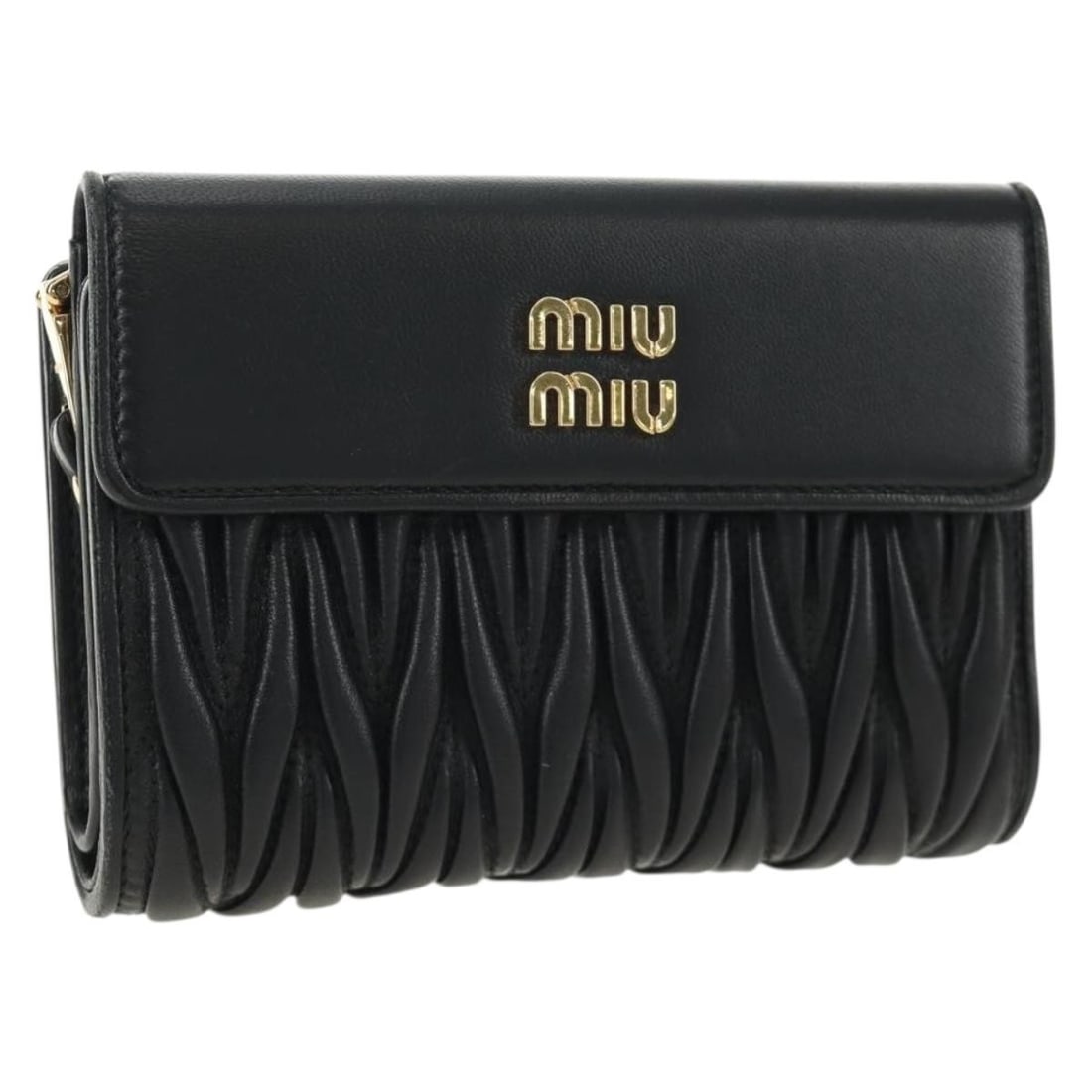 Miu Miu Black Leather Wallet Gold Tone with Box: Miu Miu Black Leather Wallet Gold Tone with Box Authentic Miu Miu matelasse wallet in black leather with gold-tone accents. This women's wallet includes the item box and is presented in very good cond