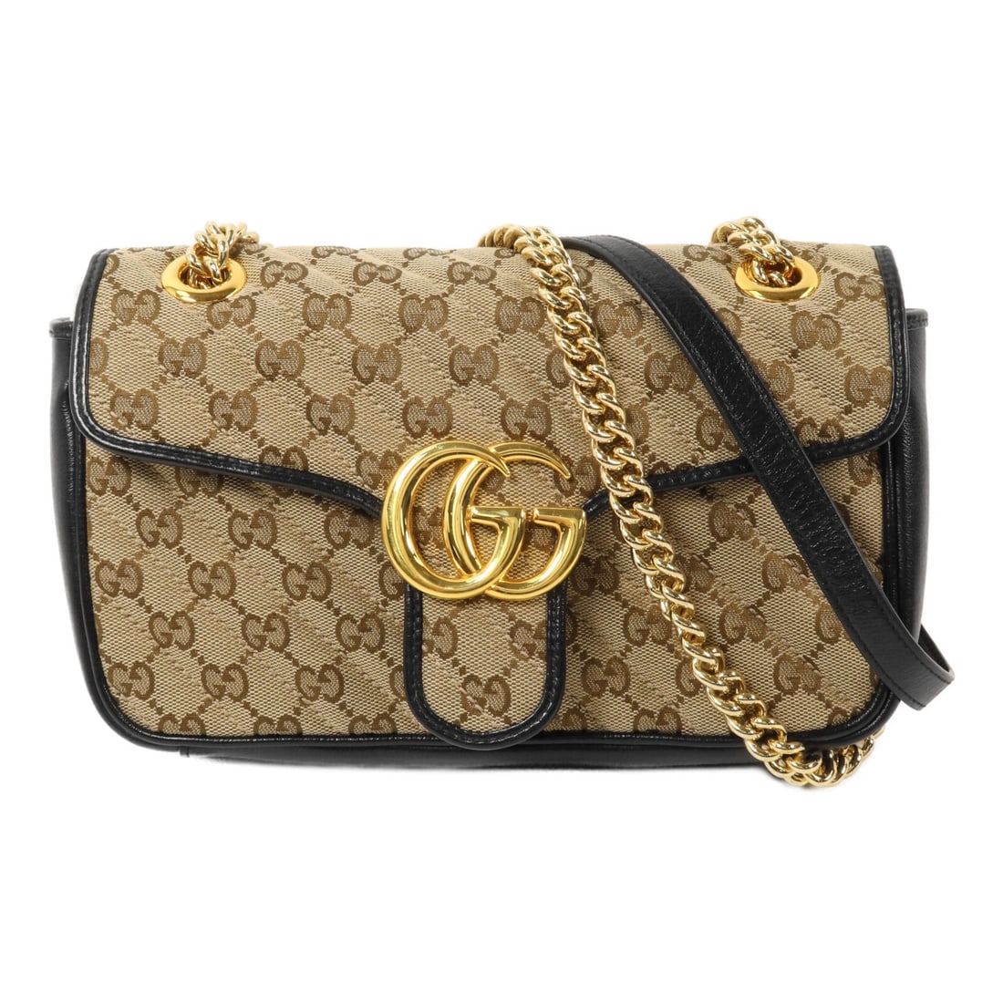 Gucci GG Marmont 443497 shoulder bag in brown GG canvas calfskin: Gucci GG Marmont 443497 shoulder bag in brown GG canvas calfskin Gucci GG Marmont chain shoulder bag in brown and black, crafted in GG canvas with calfskin trim. This women's shoulder bag features a f