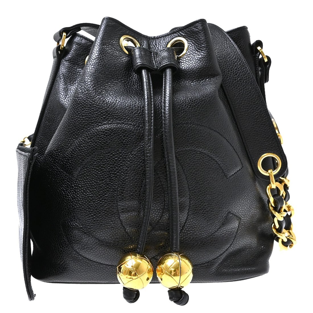 Chanel Vintage CC Bucket Bag Black Caviar Leather: Chanel Vintage CC Bucket Bag Black Caviar Leather Vintage Chanel CC Drawstring Bucket bag crafted in black leather with a classic bucket silhouette. Made in Italy, this women's bag is presented in goo
