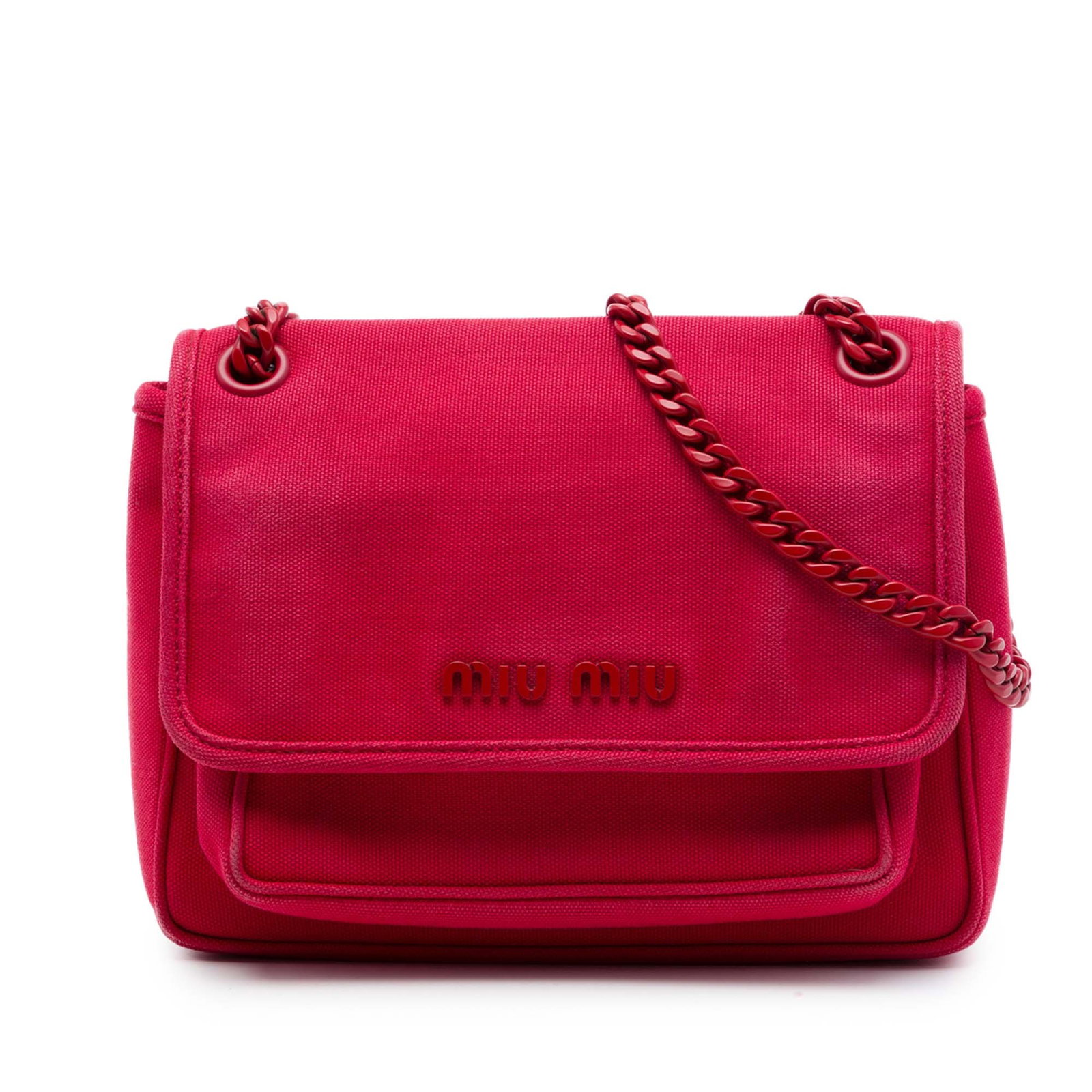 Pink Canvas Crossbody Bag Miu Miu Canapa Chain Flap: Pink Canvas Crossbody Bag Miu Miu Canapa Chain Flap A Miu Miu Canvas Canapa Chain Flap Crossbody in pink with a canvas body and chain link strap with a leather shoulder guard. The design includes a fr