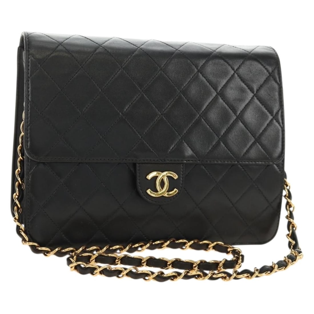 CHANEL Matelasse Lamb Skin Shoulder Bag Black with Dust Bag Card: CHANEL Matelasse Lamb Skin Shoulder Bag Black with Dust Bag Card Chanel Matelasse chain shoulder bag in black lamb skin with gold-tone CC detailing. Made in France, this women's shoulder bag includes 