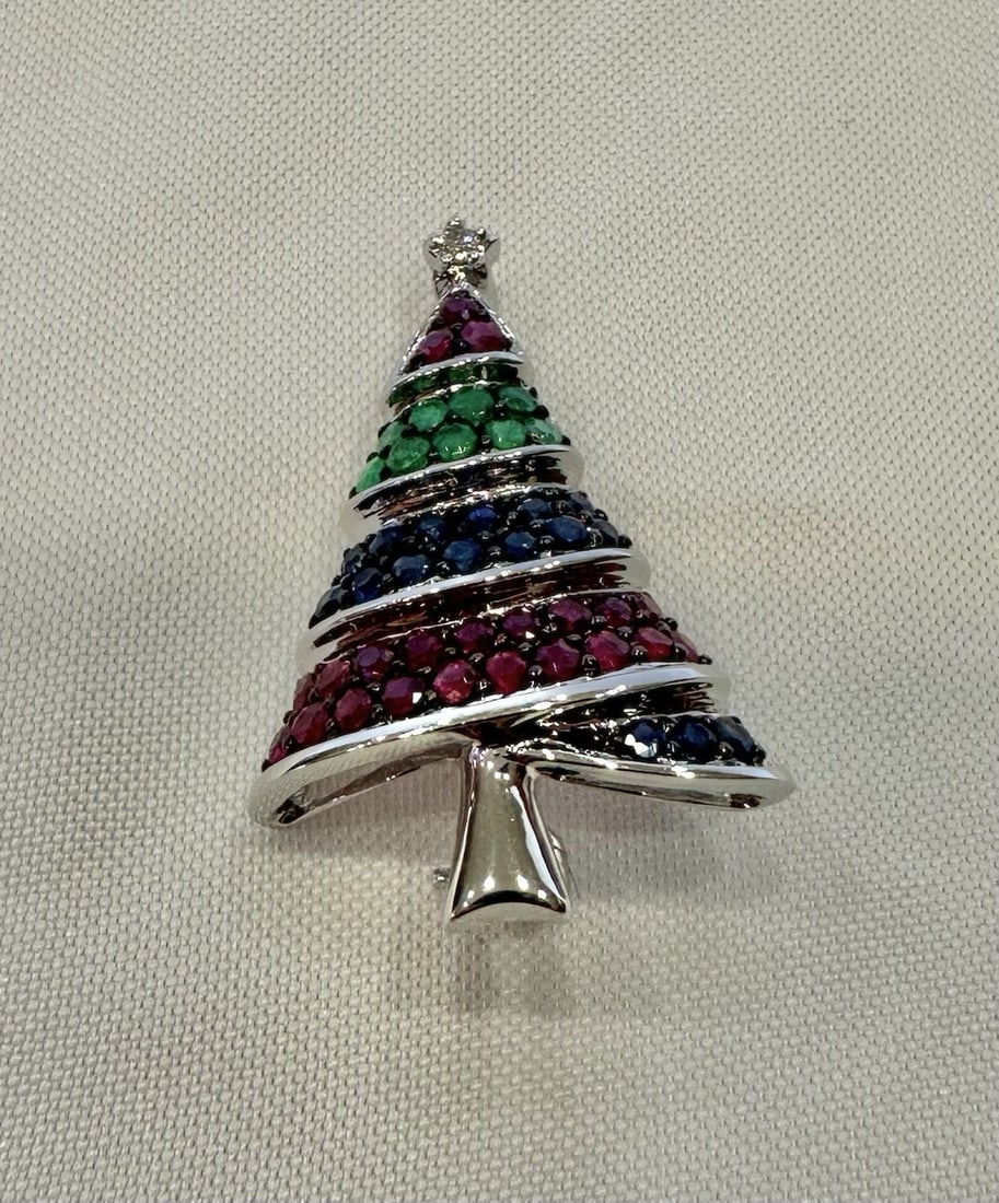 Christmas Tree Brooch 14K White Gold with Diamond Ruby Emerald Sapphire: Christmas Tree Brooch 14K White Gold with Diamond Ruby Emerald Sapphire Pre-owned Christmas tree brooch crafted in 14k white gold and set with diamond, ruby, emerald, and sapphire. This unbranded piec