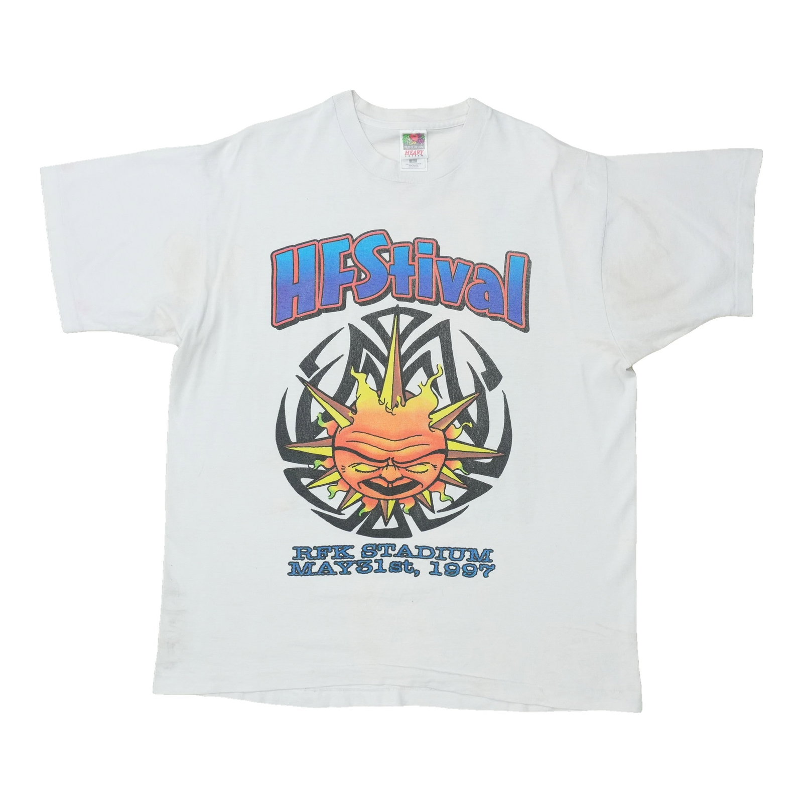 Vintage 1997 HFStival White Cotton T Shirt XL: Vintage 1997 HFStival White Cotton T Shirt XL Original vintage 1997 HFStival shirt in white cotton. This is a true vintage piece, not a modern reproduction. It is in worn condition with flaws througho