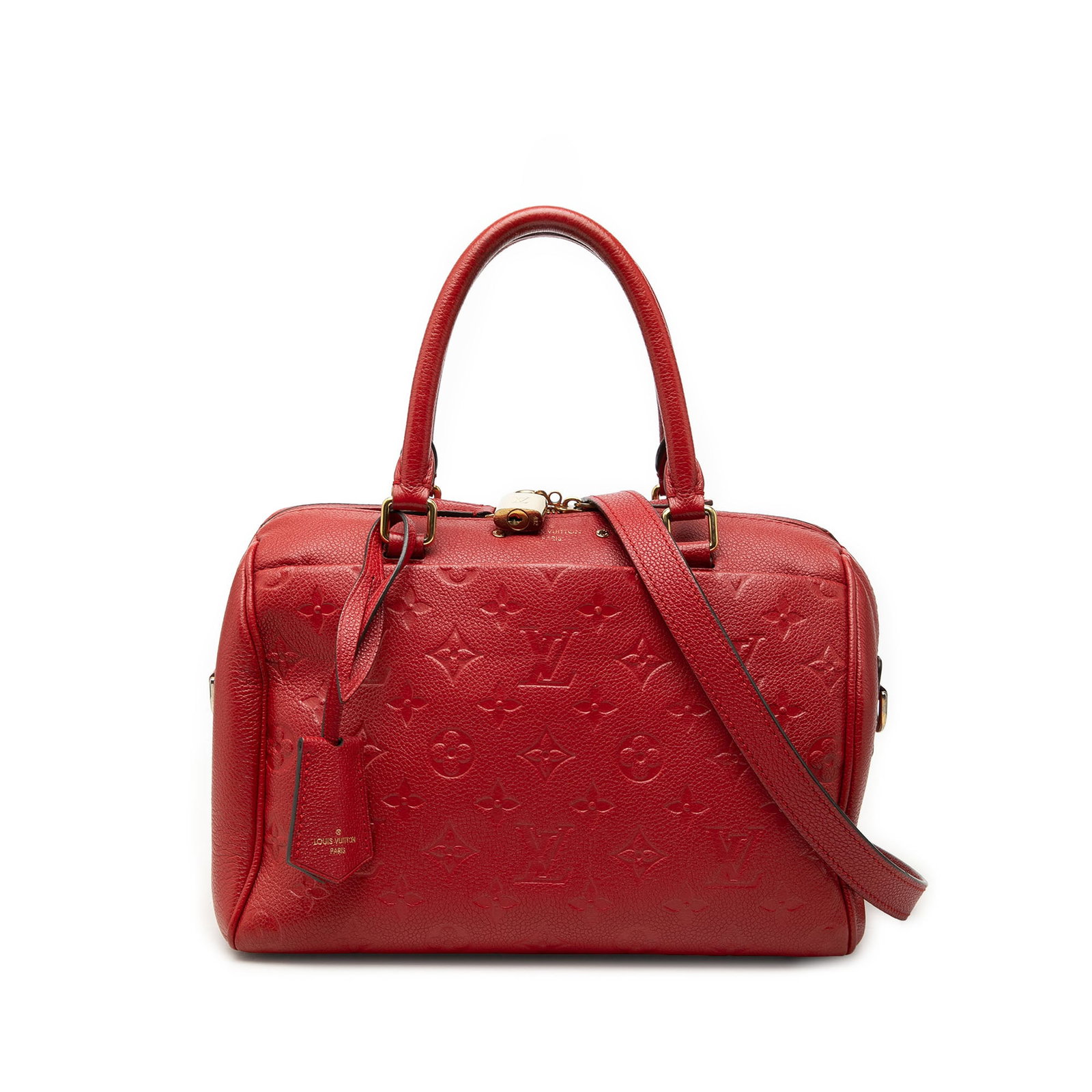 Louis Vuitton Speedy Bandouliere 25 Monogram Empreinte Leather Bag: Louis Vuitton Speedy Bandouliere 25 Monogram Empreinte Leather Bag A Louis Vuitton Speedy Bandouliere 25 in red Monogram Empreinte leather. This handbag features rolled leather handles, a detachable a