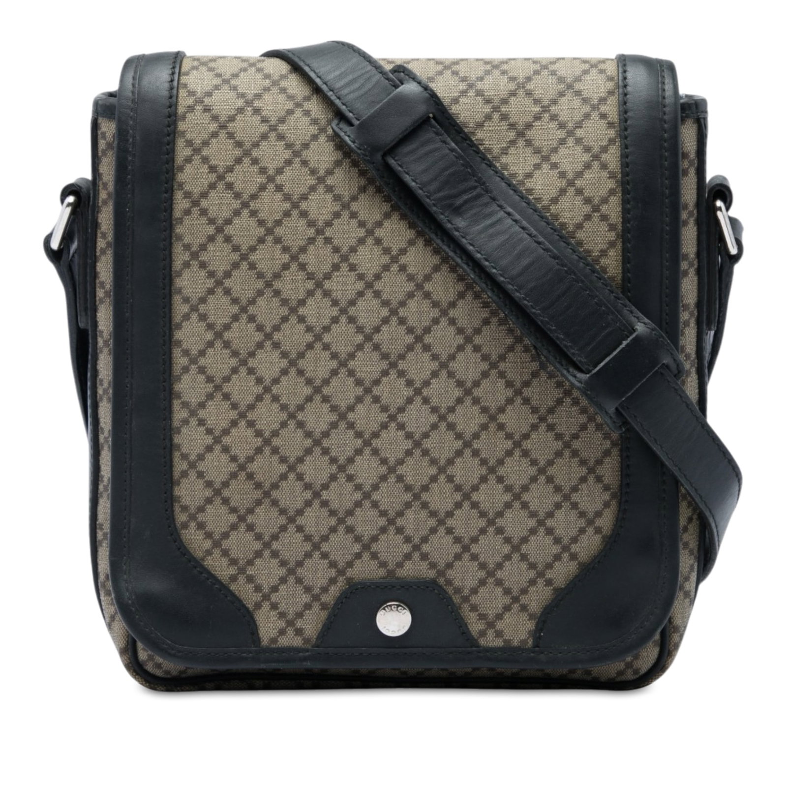 Gucci Diamante Crossbody Bag in Coated Canvas Beige: Gucci Diamante Crossbody Bag in Coated Canvas Beige Gucci Diamante coated canvas crossbody bag in beige with leather trim and a flat leather strap. The bag features a front flap with magnetic snap clo