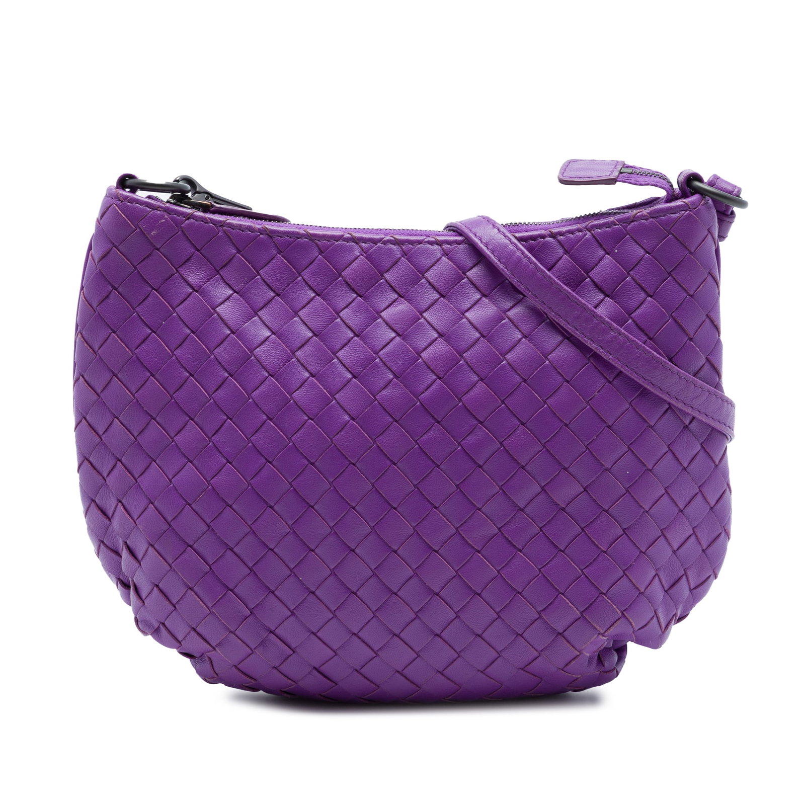 Purple Woven Leather Crossbody Bottega Veneta Small Nappa Intrecciato: Purple Woven Leather Crossbody Bottega Veneta Small Nappa Intrecciato A Bottega Veneta Small Nappa Intrecciato Crossbody in purple leather with the brand's signature woven body, an adjustable flat lea
