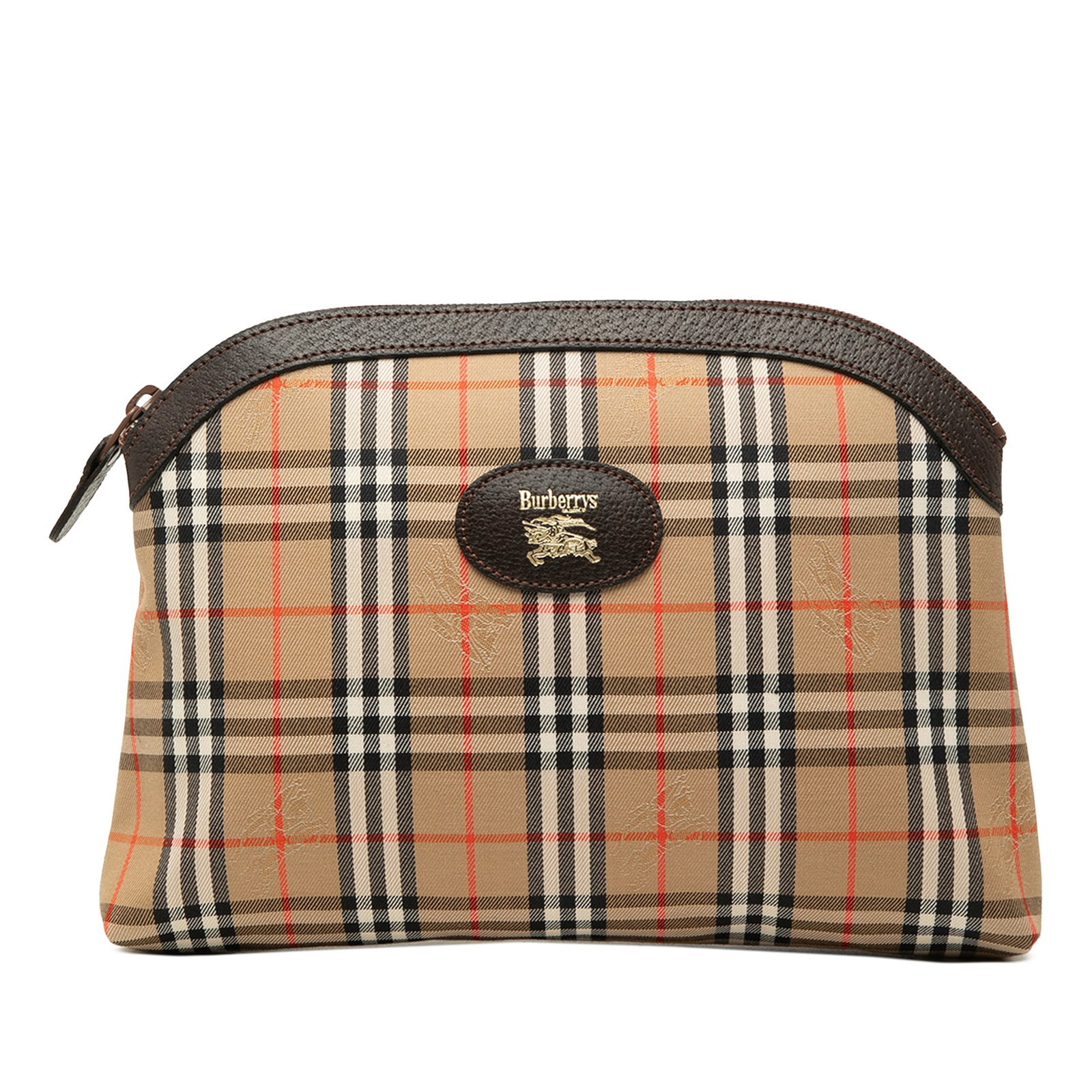 Burberry Haymarket Check zip clutch bag in canvas: Burberry Haymarket Check zip clutch bag in canvas Burberry Haymarket Check canvas clutch with leather trim and a top zip closure. The beige design offers a compact silhouette for carrying essentials. 