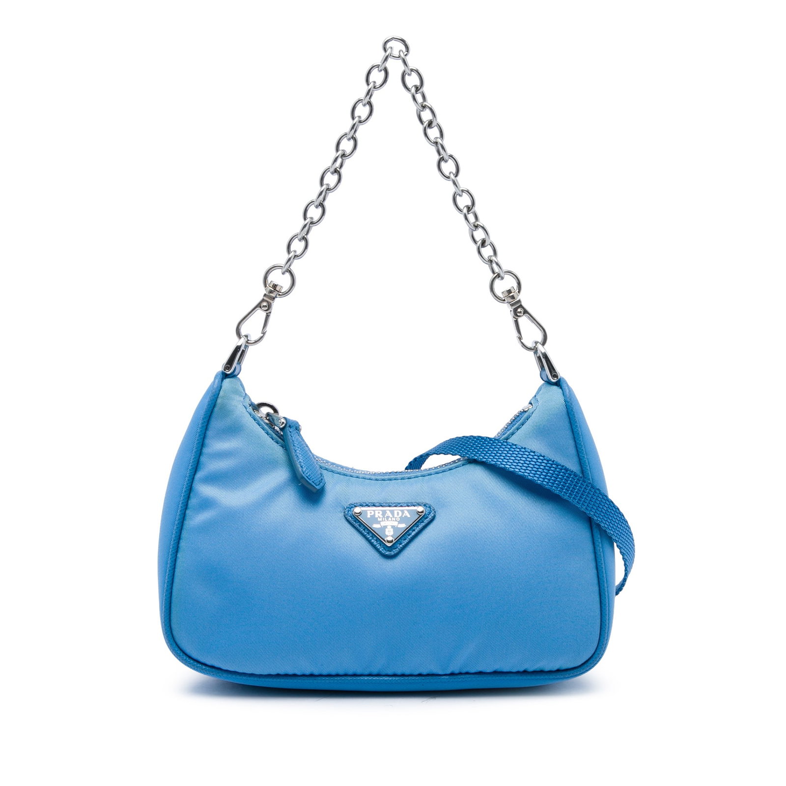 Prada Re Edition 2005 Mini Tessuto Satchel Blue Nylon: Prada Re Edition 2005 Mini Tessuto Satchel Blue Nylon Compact Prada satchel crafted with a nylon body and saffiano leather trim. This Re Edition 2005 style features a detachable chain strap, a detacha