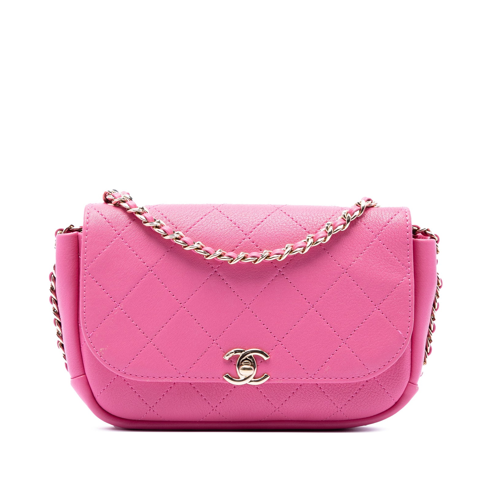 Chanel Casual Trip Flap Pink Quilted Goatskin Crossbody Bag: Chanel Casual Trip Flap Pink Quilted Goatskin Crossbody Bag A Chanel CC Quilted Goatskin Casual Trip Flap crossbody bag in pink. It features a quilted goatskin leather body, a leather-woven chain link
