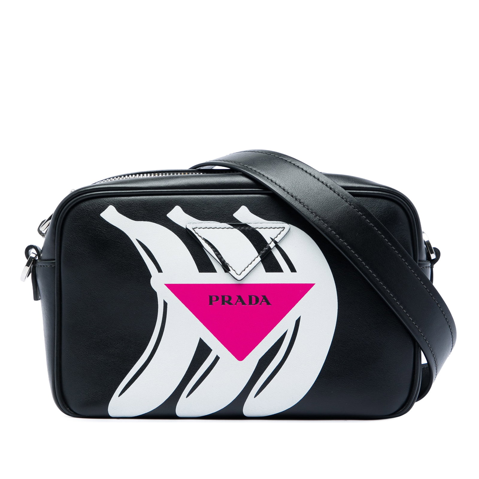 Prada City Calf Camera Crossbody Bag Banana Print Leather: Prada City Calf Camera Crossbody Bag Banana Print Leather Prada City Calf Banana Print Camera Bag in black leather with a crossbody silhouette. The bag features a flat leather shoulder strap, top zip 
