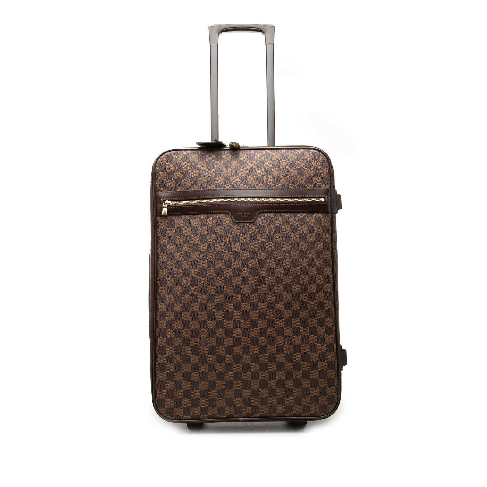 Louis Vuitton Pegase 55 Damier Ebene rolling suitcase: Louis Vuitton Pegase 55 Damier Ebene rolling suitcase The Louis Vuitton Pegase 55 is a rolling travel bag in Damier Ebene canvas with leather trim. It features a top flat leather handle, a flat leathe