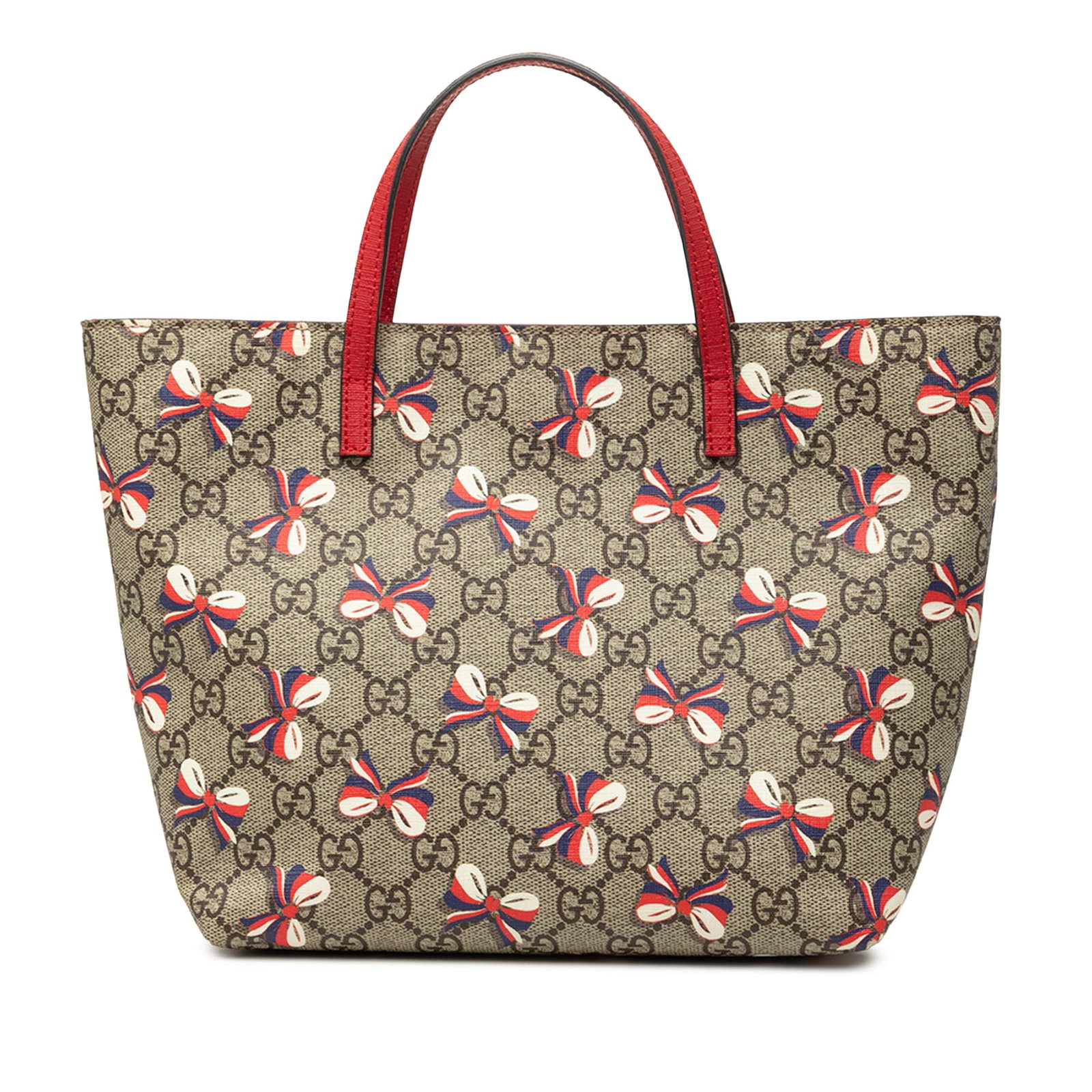 Gucci Childrens GG Supreme Ribbon Tote Bag Beige: Gucci Childrens GG Supreme Ribbon Tote Bag Beige A Gucci Childrens GG Supreme Ribbon Tote crafted in printed coated canvas with flat leather handles and an open top with magnetic snap closure. The int