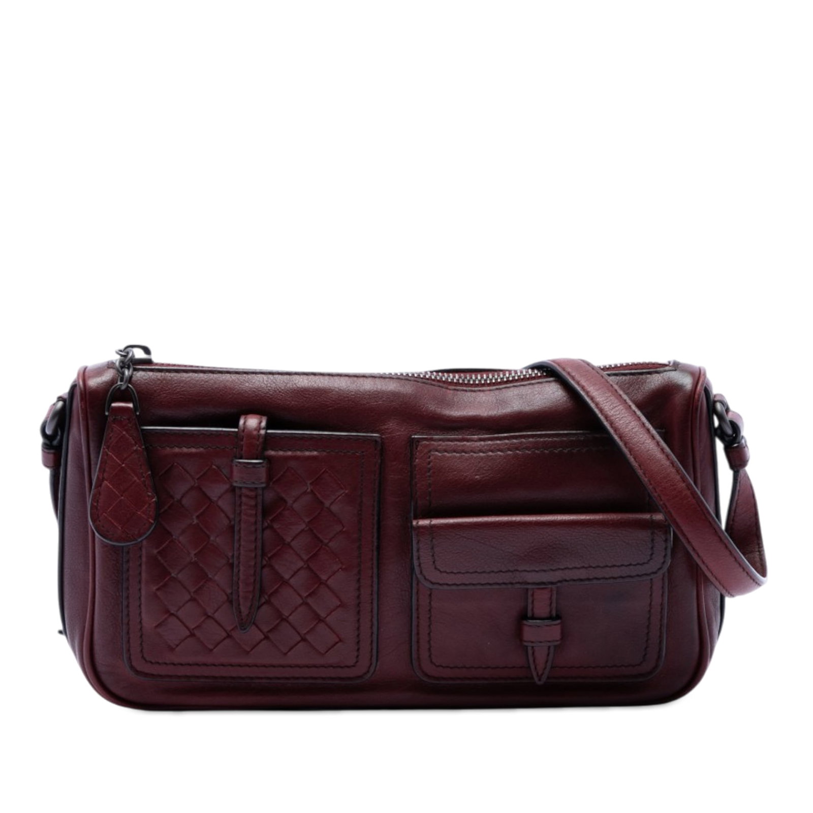 Bottega Veneta Red Leather Multi Pocket Shoulder Bag: Bottega Veneta Red Leather Multi Pocket Shoulder Bag This Bottega Veneta Intrecciato Trimmed Multi Pocket Leather Shoulder Bag showcases a red leather body with the brand's signature intrecciato trim.
