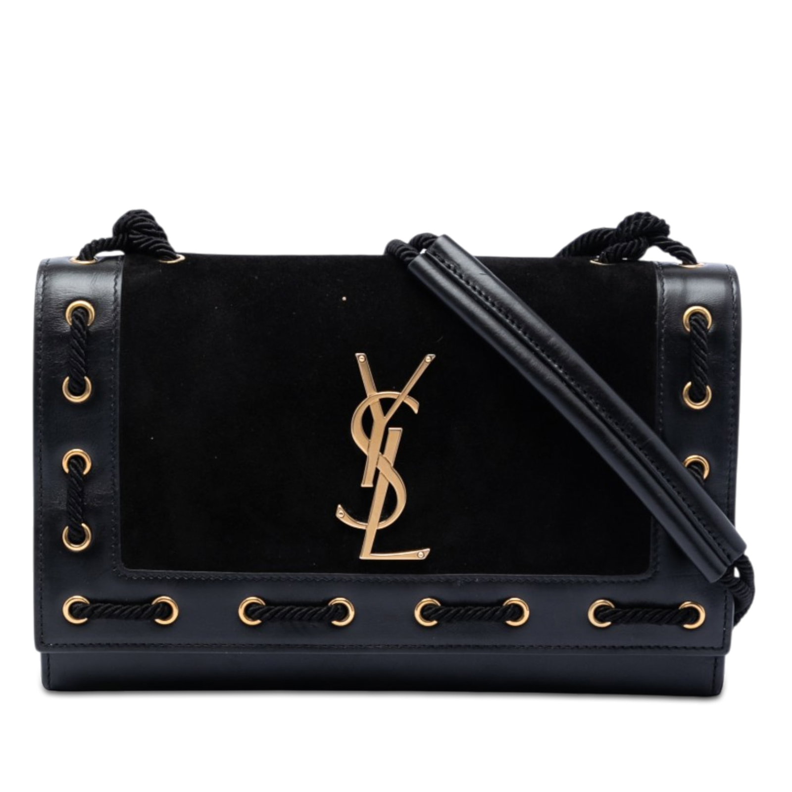 Saint Laurent Kate Medium suede crossbody bag with rope stitching: Saint Laurent Kate Medium suede crossbody bag with rope stitching Saint Laurent Medium Kate crossbody bag crafted in suede and calf leather with rope stitch detailing. It features a nylon rope shoulde