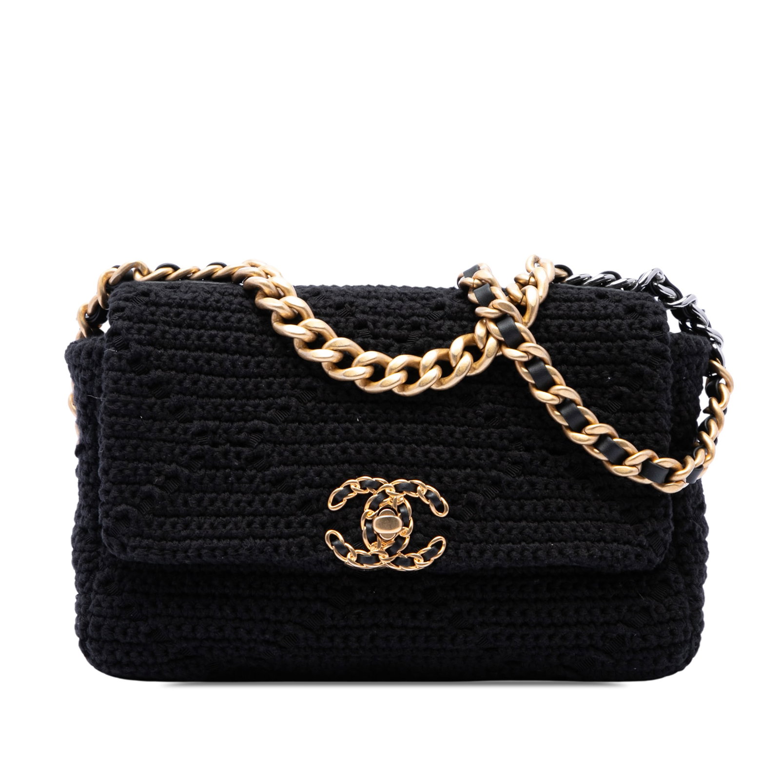 Chanel Medium Crochet 19 Flap Shoulder Bag Black Fabric: Chanel Medium Crochet 19 Flap Shoulder Bag Black Fabric This Chanel Medium Crochet 19 Flap bag is crafted in black fabric with a crochet body. It features a chain-link handle, a leather-woven chain-li