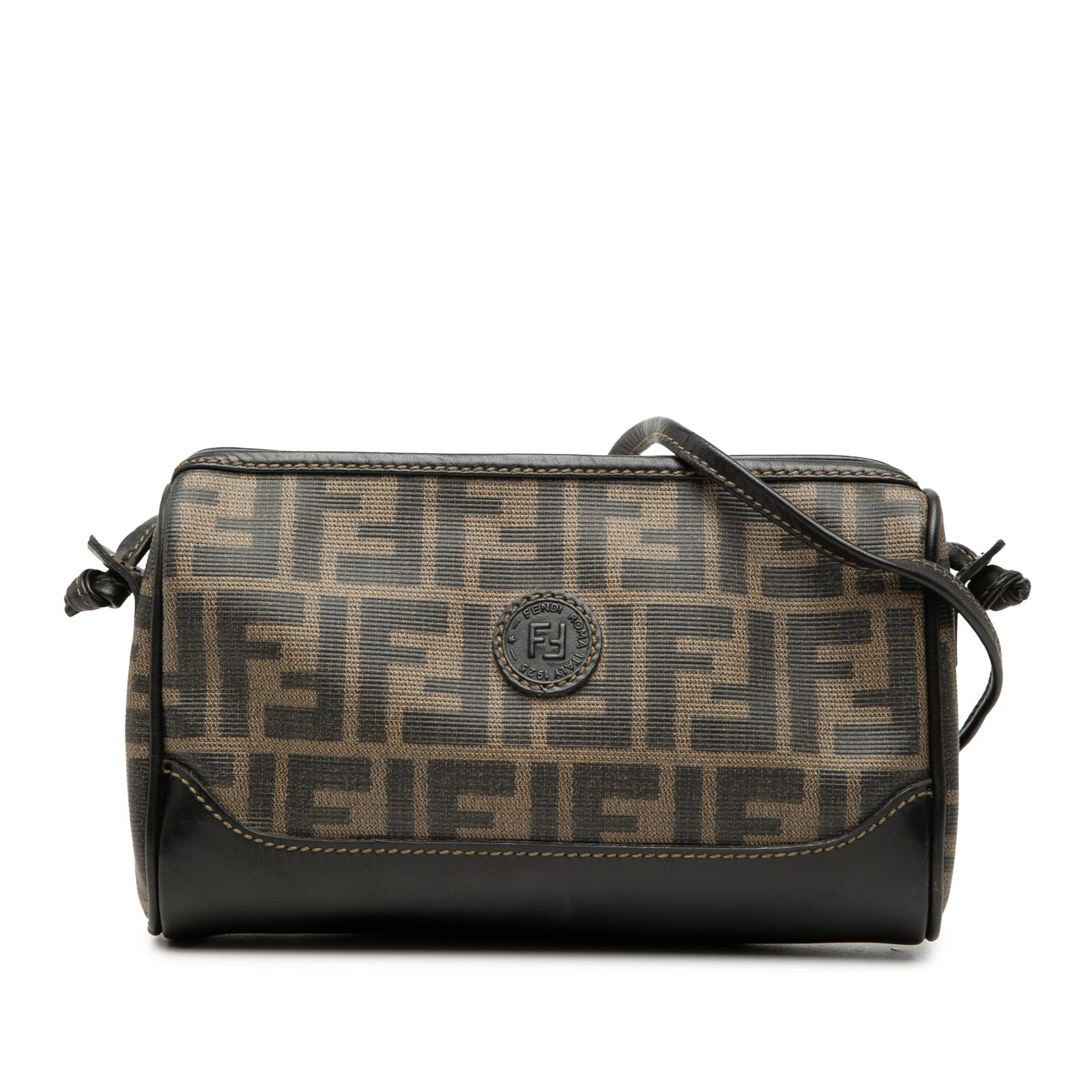 Fendi Zucca Brown Coated Canvas Crossbody Bag: Fendi Zucca Brown Coated Canvas Crossbody Bag Fendi Zucca coated canvas crossbody bag with leather trim, a flat leather strap, and a top zip closure. Made in Italy, this brown bag shows visible wear c
