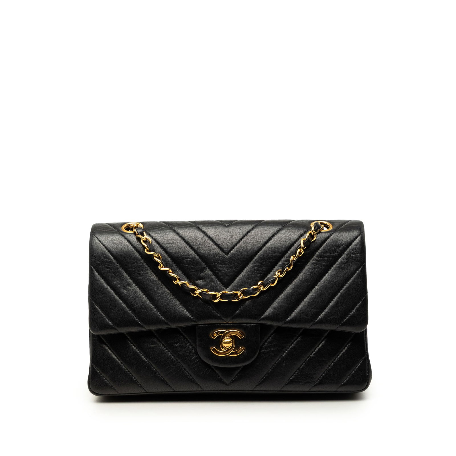 Chanel Medium Classic Chevron Double Flap Shoulder Bag Black Lambskin: Chanel Medium Classic Chevron Double Flap Shoulder Bag Black Lambskin A Chanel Medium Classic Chevron Lambskin Double Flap shoulder bag in black lambskin leather. This bag features a chevron-quilted b