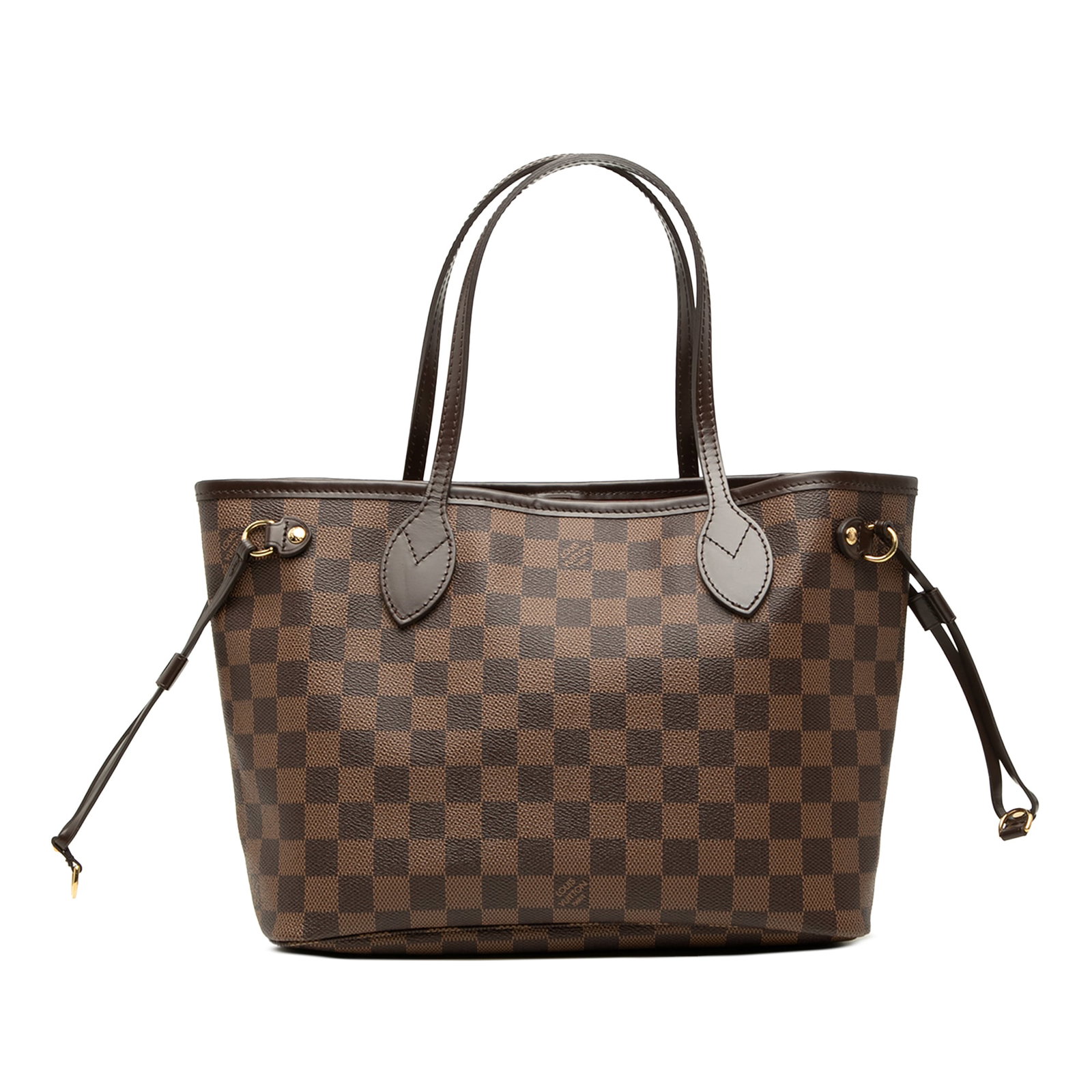 Louis Vuitton Neverfull PM Damier Ebene Tote Bag: Louis Vuitton Neverfull PM Damier Ebene Tote Bag Louis Vuitton Neverfull PM in Damier Ebene canvas with leather trim and flat leather straps. This open-top bag features a lobster clasp closure and an 