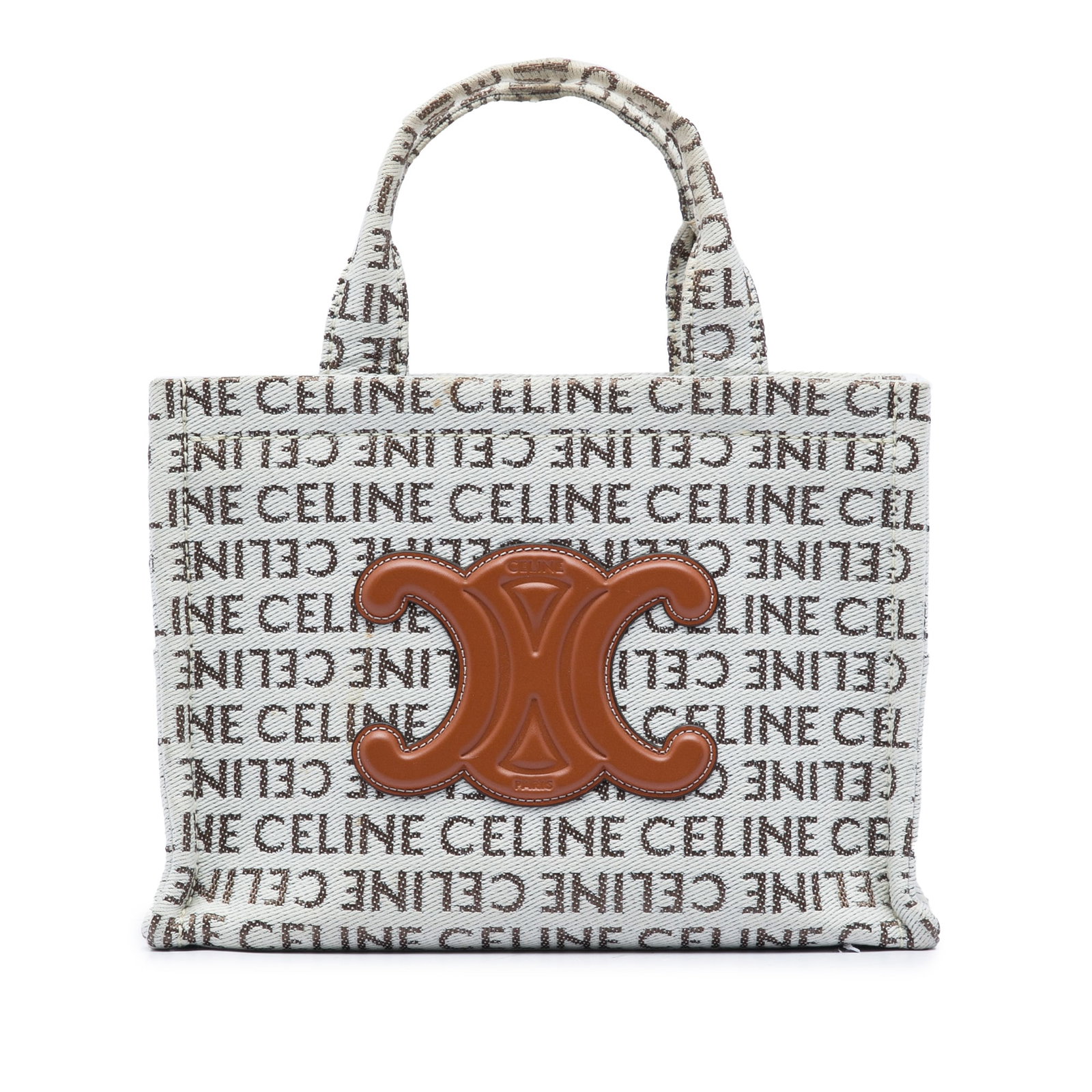 Celine Cabas Thais Small Triomphe Logo Print Canvas Satchel: Celine Cabas Thais Small Triomphe Logo Print Canvas Satchel A Celine Small All Over Logo Print Canvas Cuir Triomphe Cabas Thais satchel with a printed fabric body, flat handles, and an open-top design