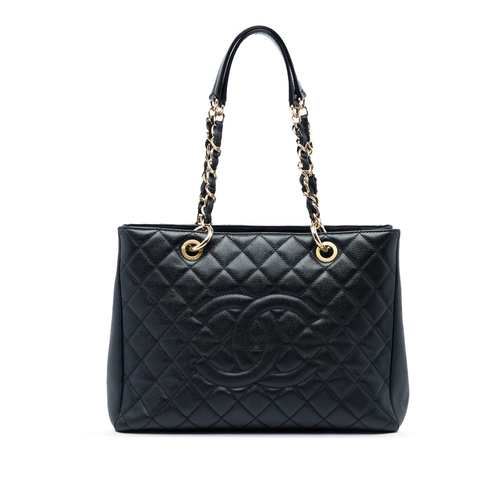 Chanel Grand Shopping Tote Black Caviar Leather Shoulder Bag: Chanel Grand Shopping Tote Black Caviar Leather Shoulder Bag A Chanel Grand Shopping Tote crafted in black quilted Caviar leather. This tote features leather-woven chain shoulder straps, an open top, 