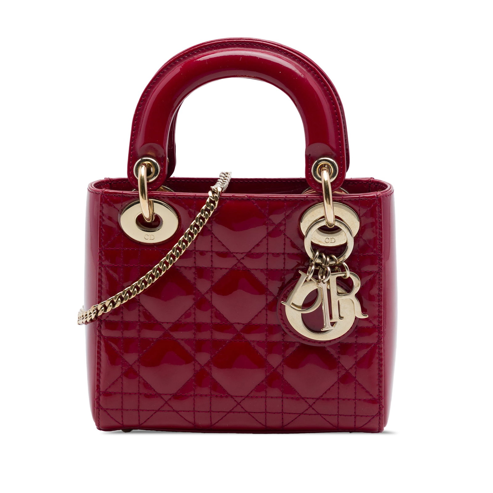 Dior Lady Dior Mini Cannage Patent Leather Bag Red: Dior Lady Dior Mini Cannage Patent Leather Bag Red This Lady Dior bag features a quilted patent leather body with flat top handles, a detachable chain link strap with a leather shoulder guard, a fold-