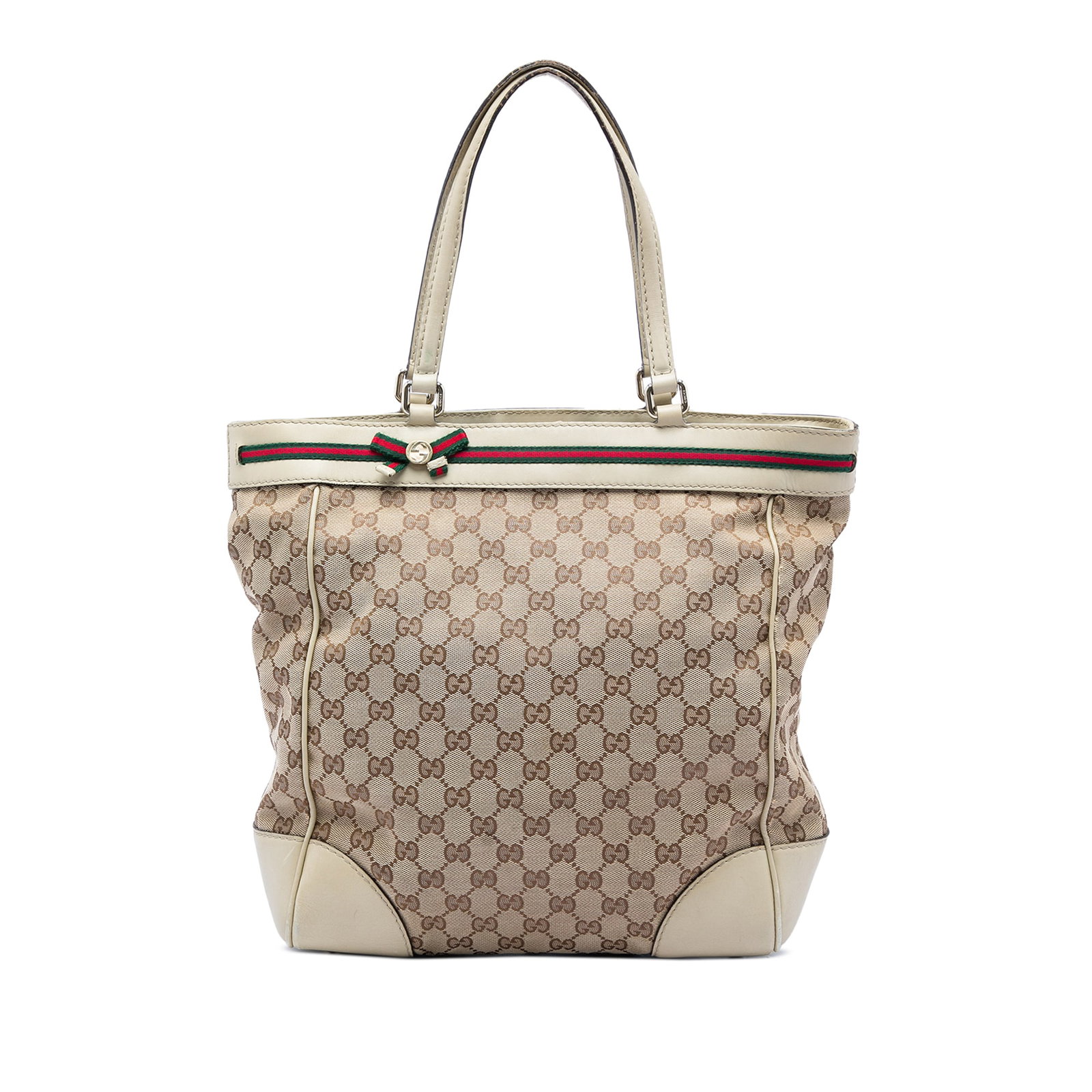 Gucci Mayfair Tote in Beige GG Canvas with Web Stripe: Gucci Mayfair Tote in Beige GG Canvas with Web Stripe Gucci Mayfair tote bag in beige GG canvas with leather trim and flat leather straps. The open-top design features a magnetic snap closure, with in
