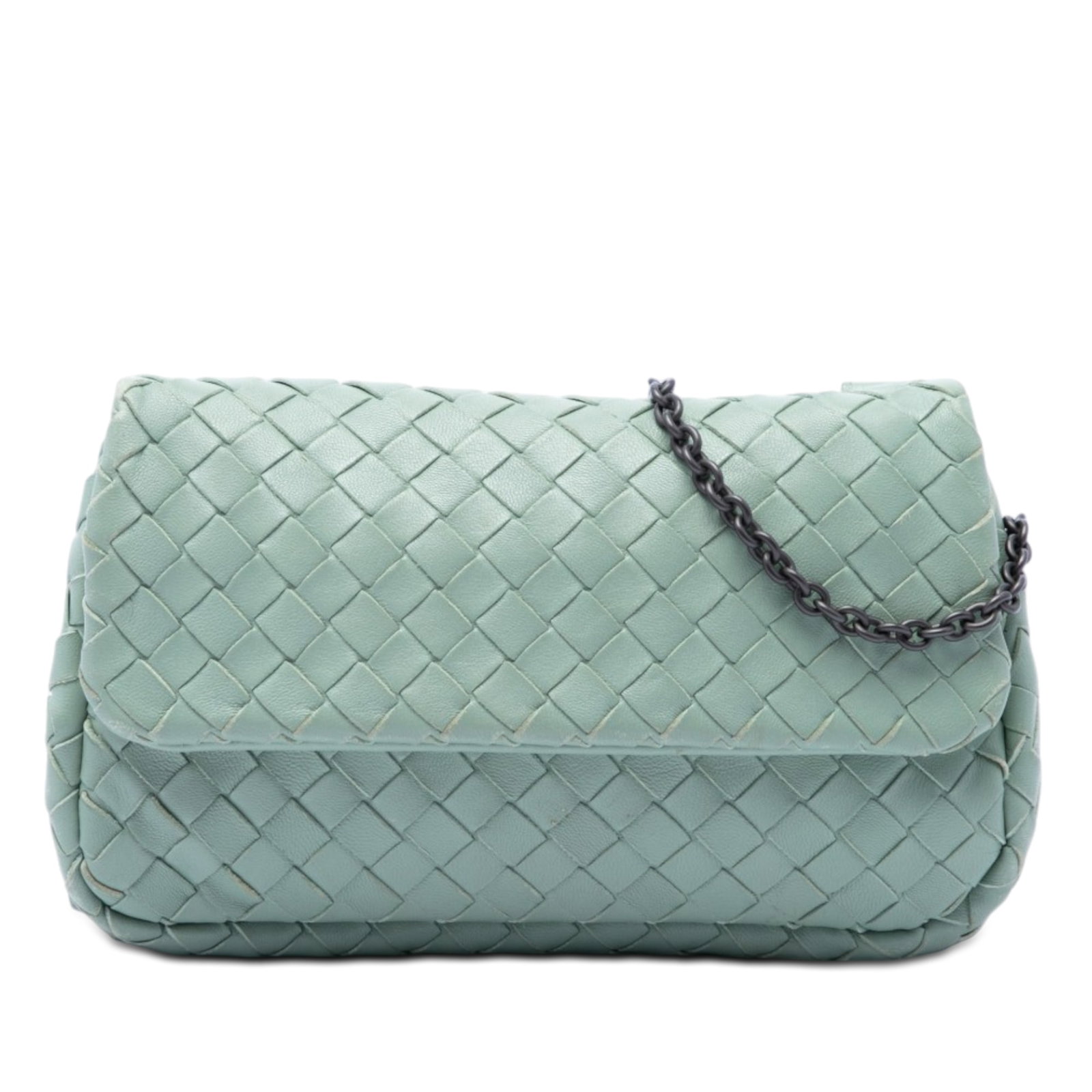 Bottega Veneta Intrecciato Mini Leather Crossbody Chain Flap Bag: Bottega Veneta Intrecciato Mini Leather Crossbody Chain Flap Bag A Bottega Veneta Mini Nappa Intrecciato Expandable Chain Flap Crossbody in green leather. This crossbody bag features a woven leather b