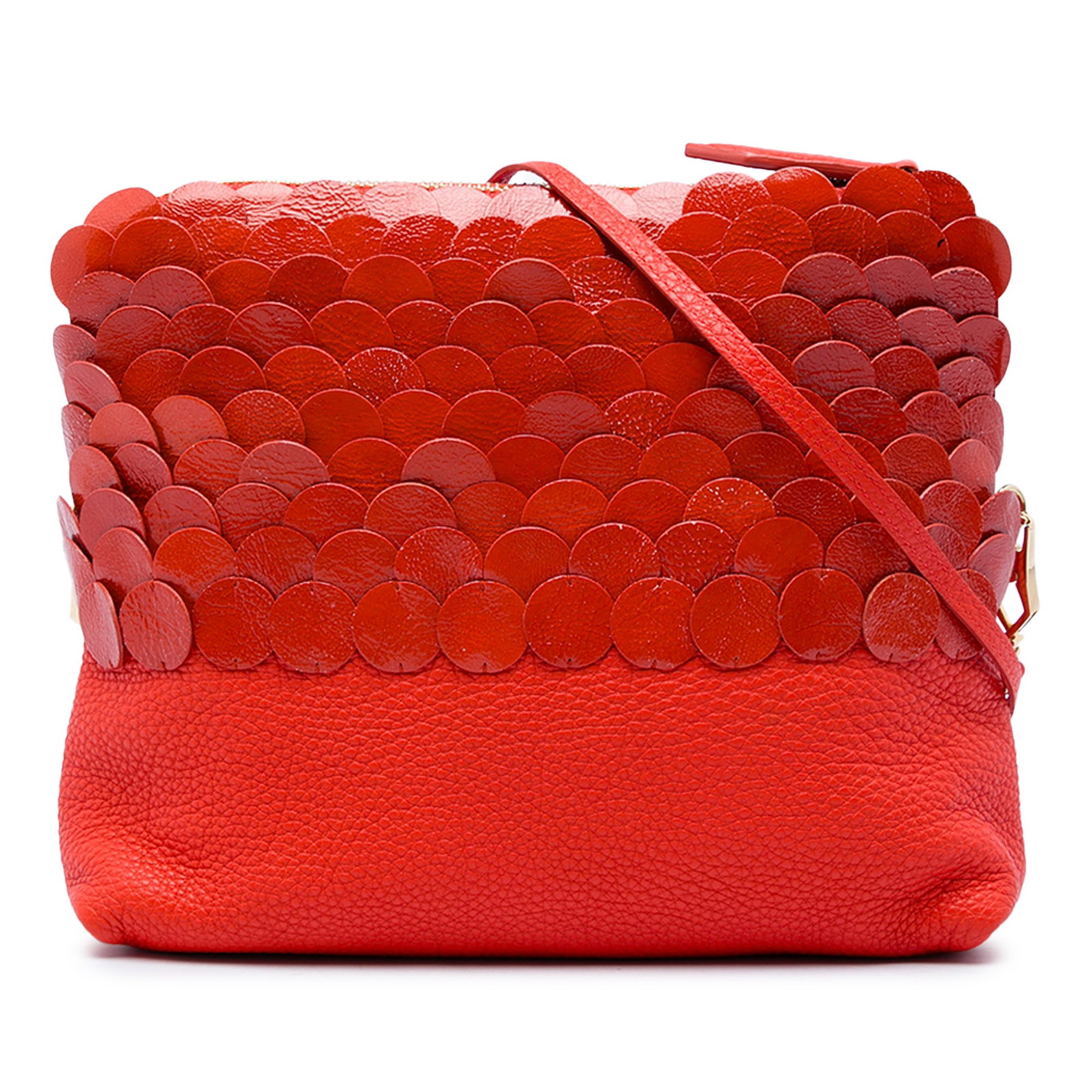 Burberry The Petal leather clutch bag with detachable strap: Burberry The Petal leather clutch bag with detachable strap Burberry The Petal clutch in red leather with leather sequin embellishment and a detachable leather strap. The design includes a top zip clo