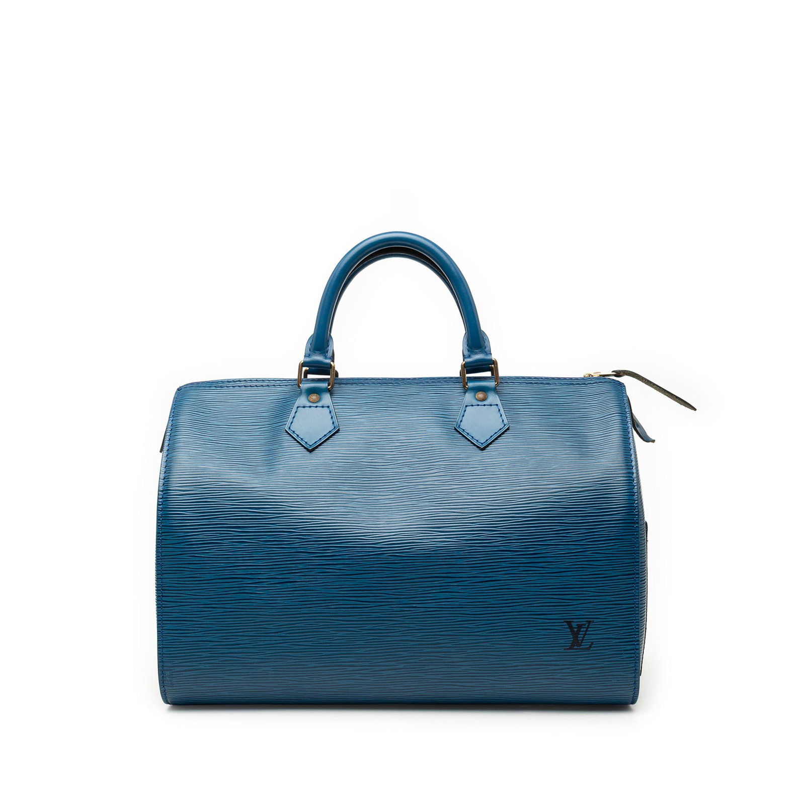 Louis Vuitton Speedy 35 Blue Epi Leather Handbag: Louis Vuitton Speedy 35 Blue Epi Leather Handbag Louis Vuitton Epi Speedy 35 handbag crafted in blue Epi leather with rolled leather handles, a top zip closure, and an interior pocket. Made in France.