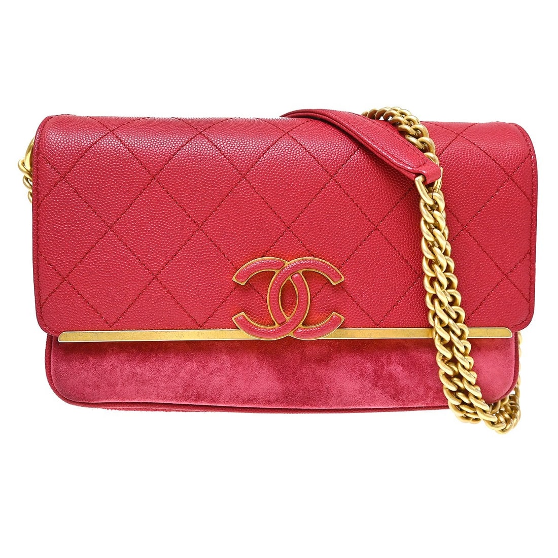 CHANEL Lady Coco WOC Wallet on Chain Red Caviar Leather: CHANEL Lady Coco WOC Wallet on Chain Red Caviar Leather Chanel Lady Coco WOC wallet on chain bag in red calfskin leather with a folding design. This women's wallet features an exterior pocket and an i