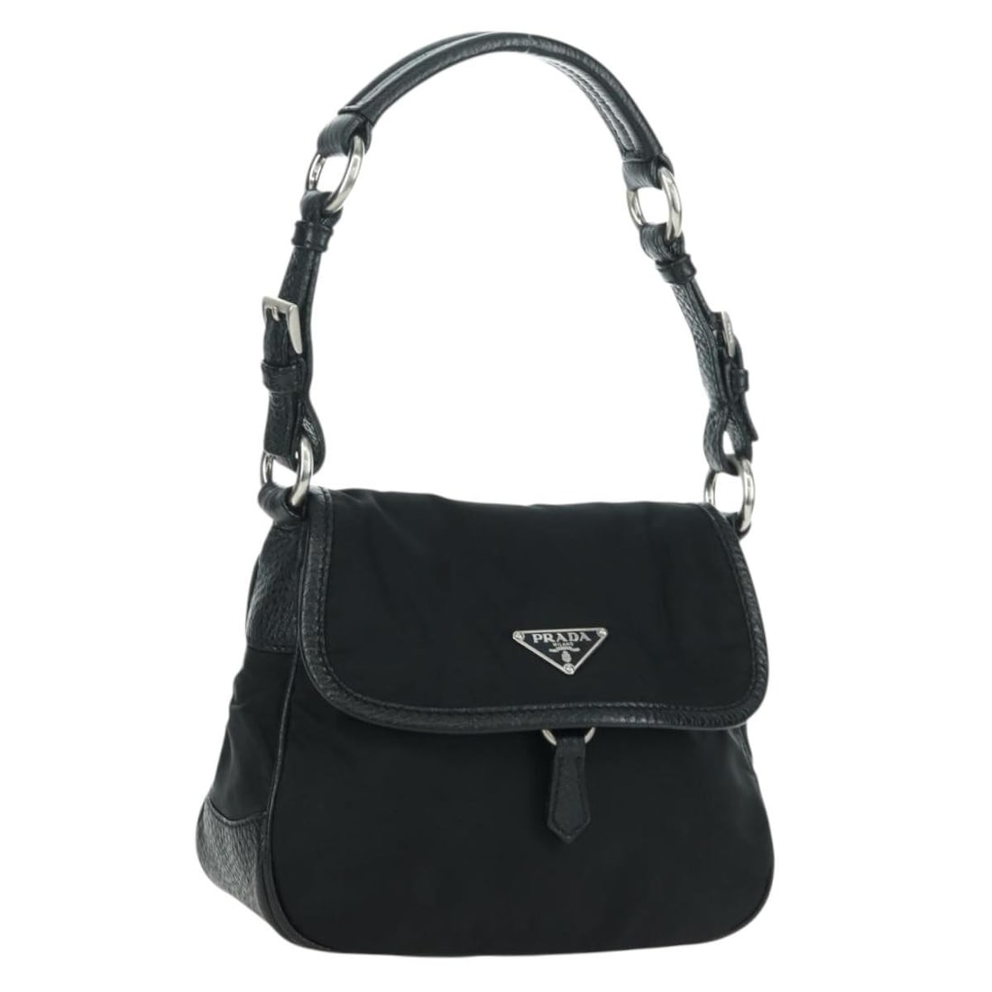 Prada BR2120 Nylon Hand Bag Black Silver with Guarantee Card: Prada BR2120 Nylon Hand Bag Black Silver with Guarantee Card Authentic Prada BR2120 women's handbag in black nylon with silver-tone accents. Made in Italy, this compact handbag includes the guarantee 