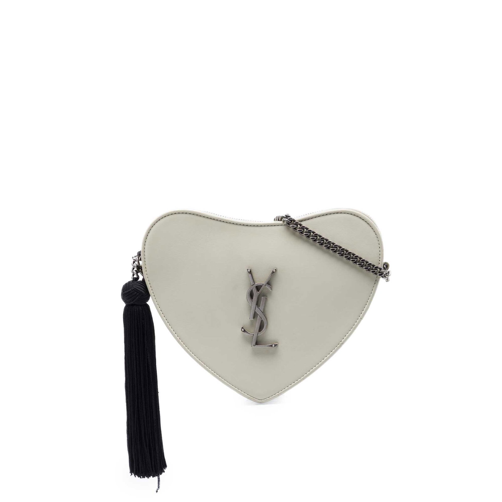 Saint Laurent Sac Coeur Heart Crossbody Bag in White Leather: Saint Laurent Sac Coeur Heart Crossbody Bag in White Leather Saint Laurent Sac Coeur heart crossbody bag crafted in smooth calfskin leather. This bag features a chain link and adjustable leather shoul