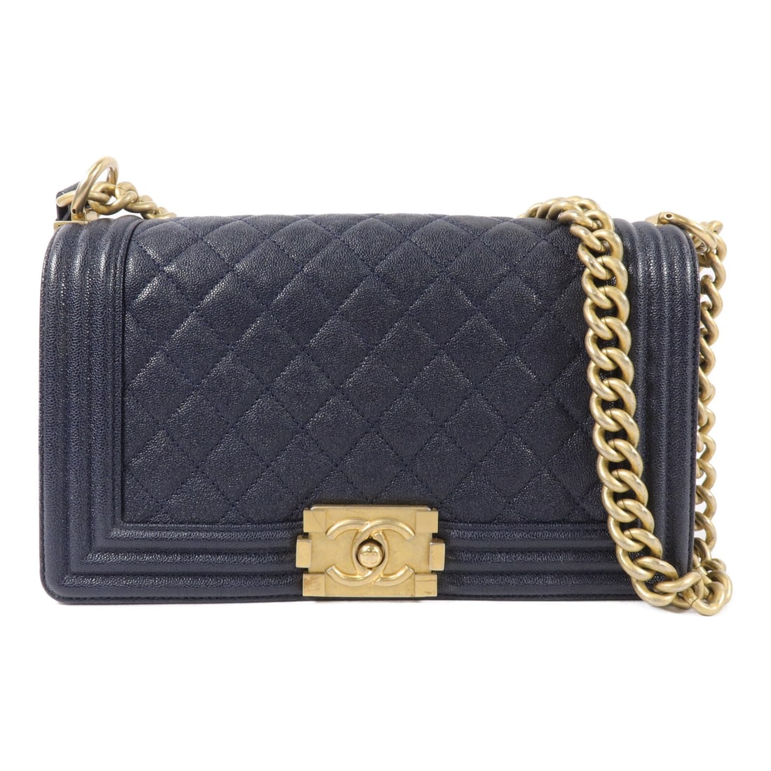 Chanel Boy 25 A67086 Navy Calfskin Chain Shoulder Bag: Chanel Boy 25 A67086 Navy Calfskin Chain Shoulder Bag A CHANEL Boy 25 chain shoulder handbag in navy and blue black calfskin leather. It features a flap pocket and comes with a hologram sticker and gu