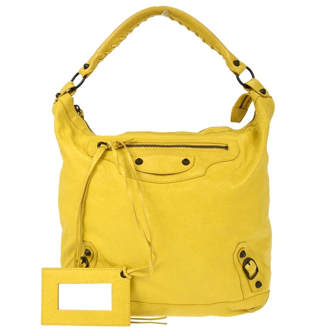 Balenciaga The Day Yellow Lambskin Top Handle Bag with Mirror: Balenciaga The Day Yellow Lambskin Top Handle Bag with Mirror Vintage Balenciaga The Day handbag in yellow lambskin leather with a top handle design and logo accent. This large women's bag features on