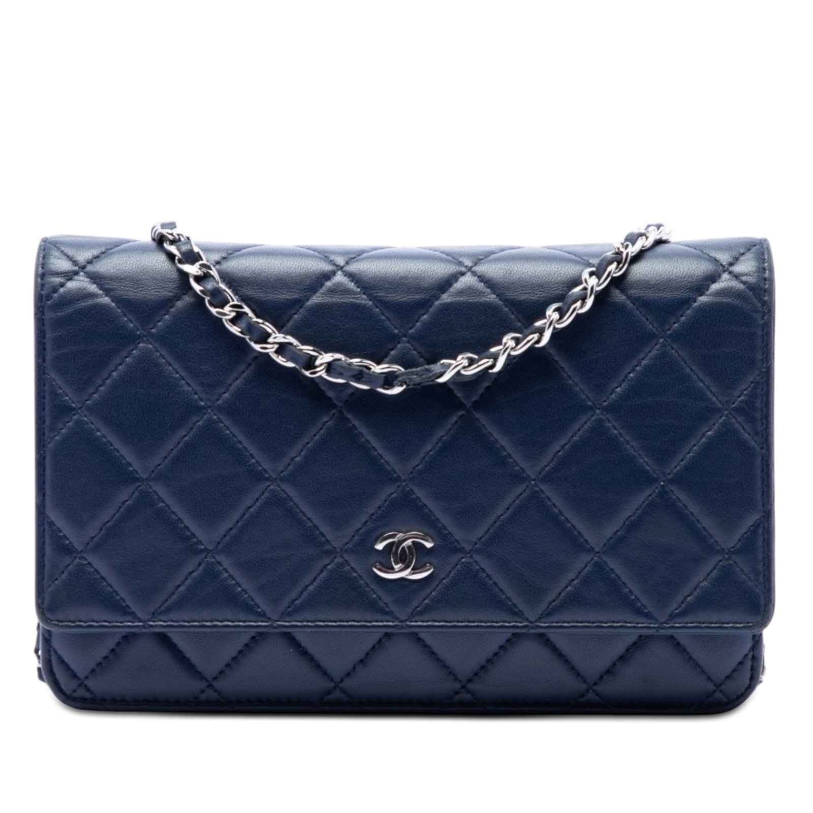 Chanel CC Wallet On Chain Blue Quilted Lambskin Leather Bag: Chanel CC Wallet On Chain Blue Quilted Lambskin Leather Bag A Chanel Wallet on Chain crafted in blue quilted lambskin leather with the signature CC flap design. This piece features a leather-woven cha