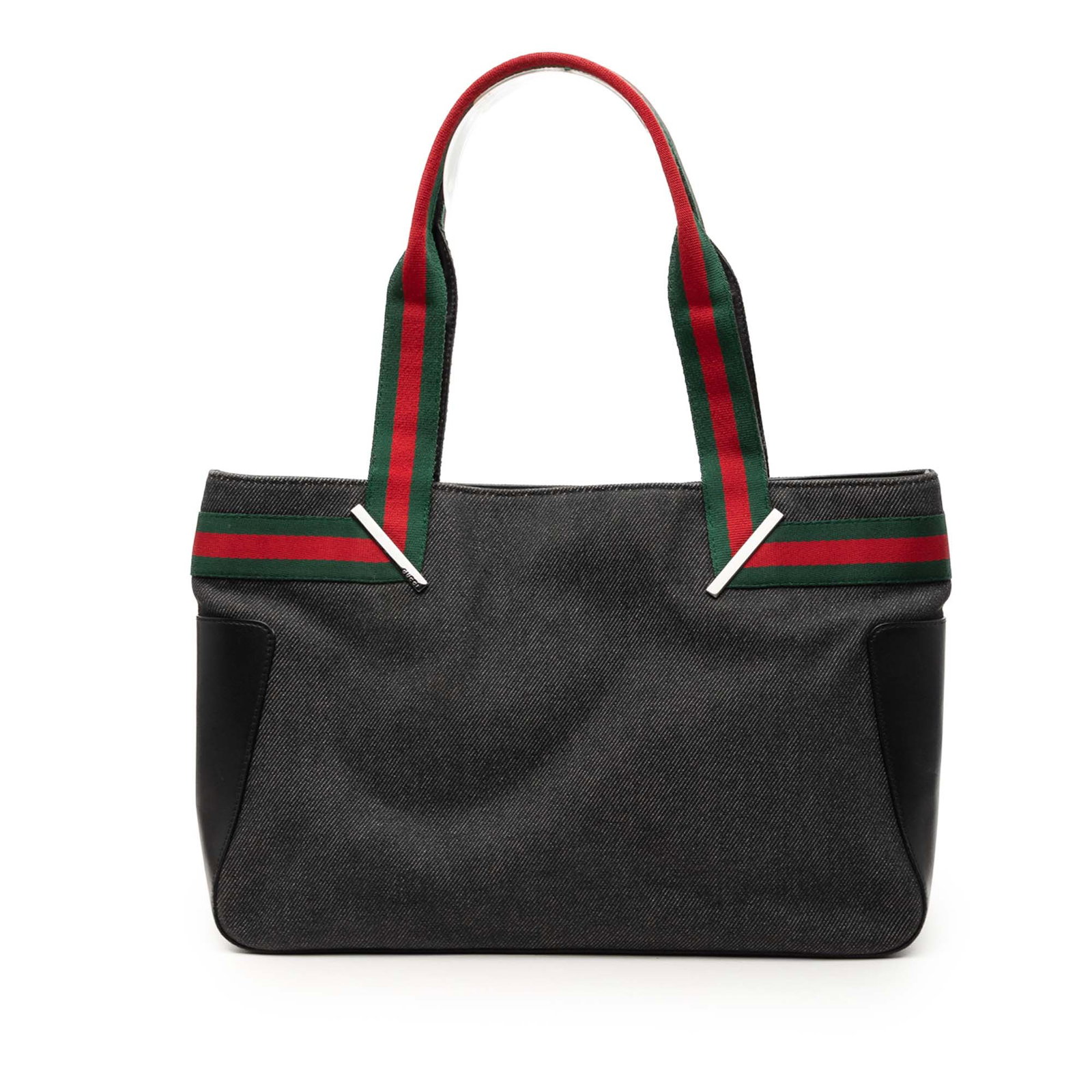 Gucci Denim Web Tote Bag with Leather Trim Black: Gucci Denim Web Tote Bag with Leather Trim Black Gucci Denim Web Tote crafted with a denim body, leather trim, and canvas handles. The bag features an open top with a magnetic snap closure and an inte