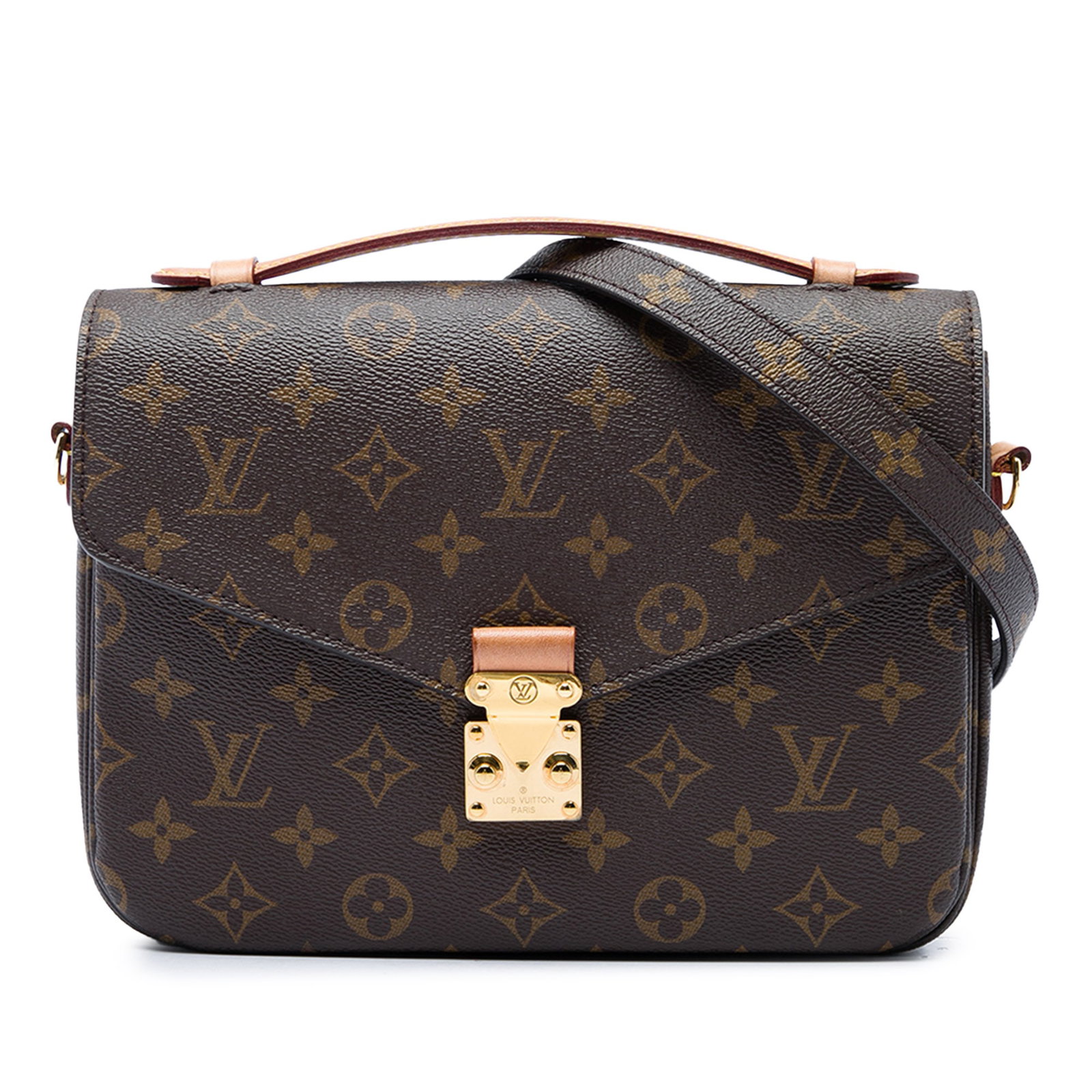 Louis Vuitton Pochette Metis Monogram Shoulder Bag: Louis Vuitton Pochette Metis Monogram Shoulder Bag Louis Vuitton Monogram Pochette Metis handbag in brown monogram canvas with a flat vachetta leather top handle, detachable flat shoulder strap, front