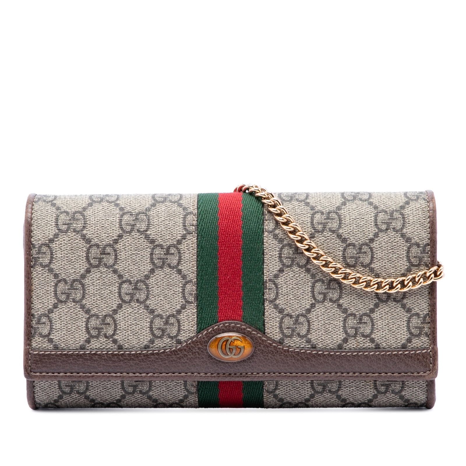 Gucci Ophidia GG Supreme Wallet on Chain Beige: Gucci Ophidia GG Supreme Wallet on Chain Beige This Gucci Ophidia wallet on chain is crafted with a coated canvas body, leather trim, and the signature web detail. It features a gold-tone chain strap,