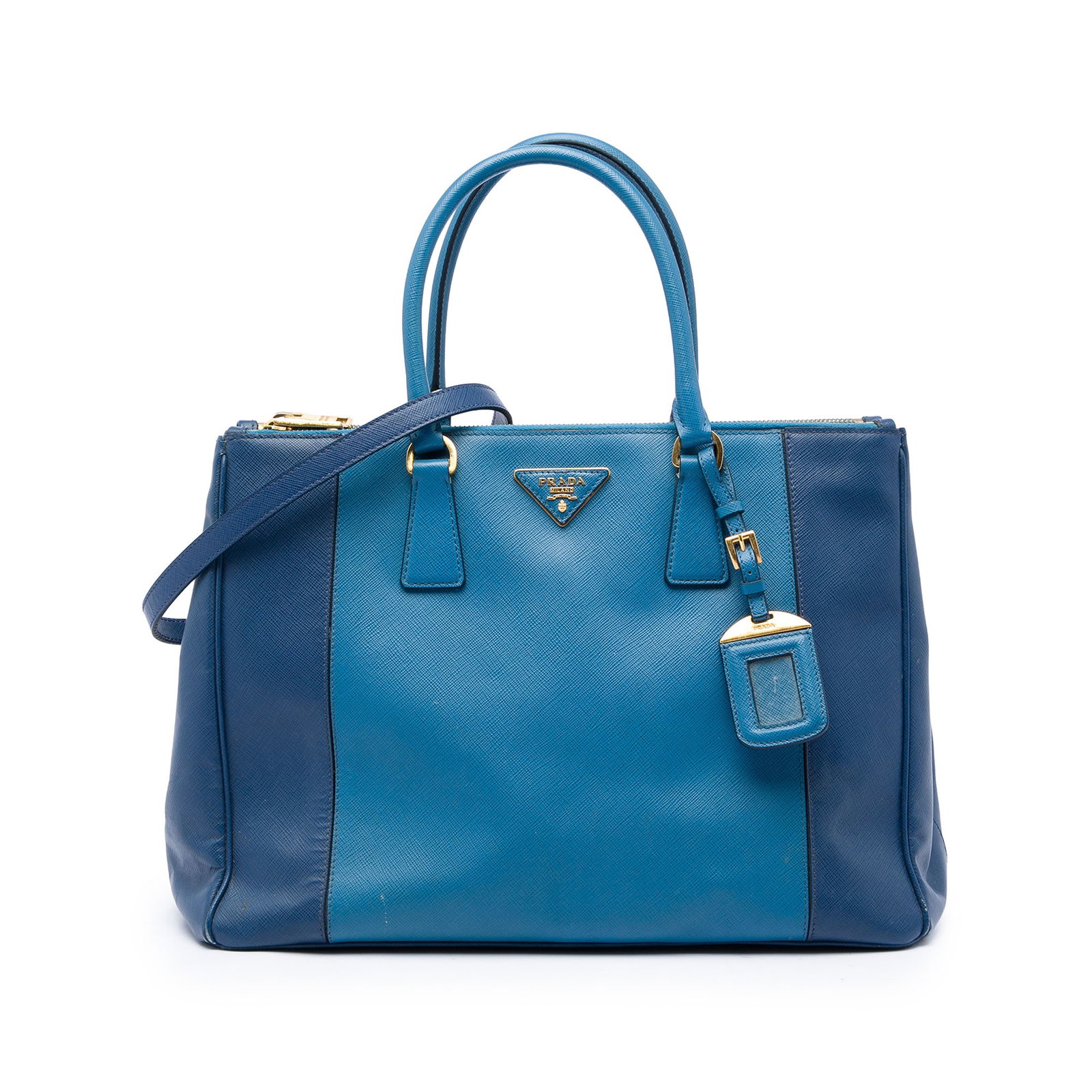 Prada Galleria Double Zip Satchel Blue Saffiano Leather Large: Prada Galleria Double Zip Satchel Blue Saffiano Leather Large A Prada Large Bicolor Saffiano Lux Galleria Double Zip Satchel crafted in leather with rolled leather handles and a detachable flat leathe