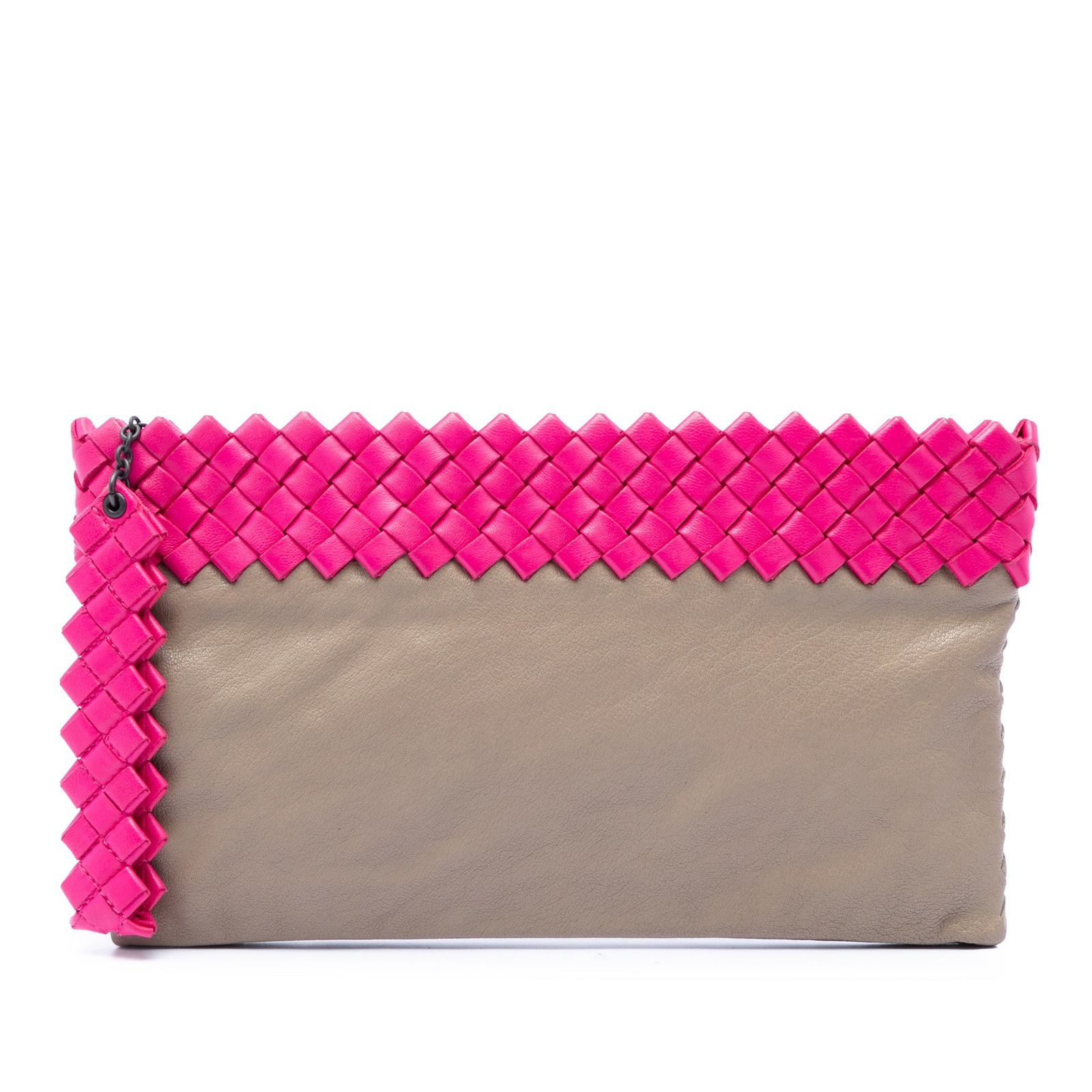Bottega Veneta Intrecciato leather wristlet clutch in bicolor nappa: Bottega Veneta Intrecciato leather wristlet clutch in bicolor nappa Bottega Veneta clutch in beige nappa leather with bicolor intrecciato-woven trim. This wristlet-style design features a woven leathe