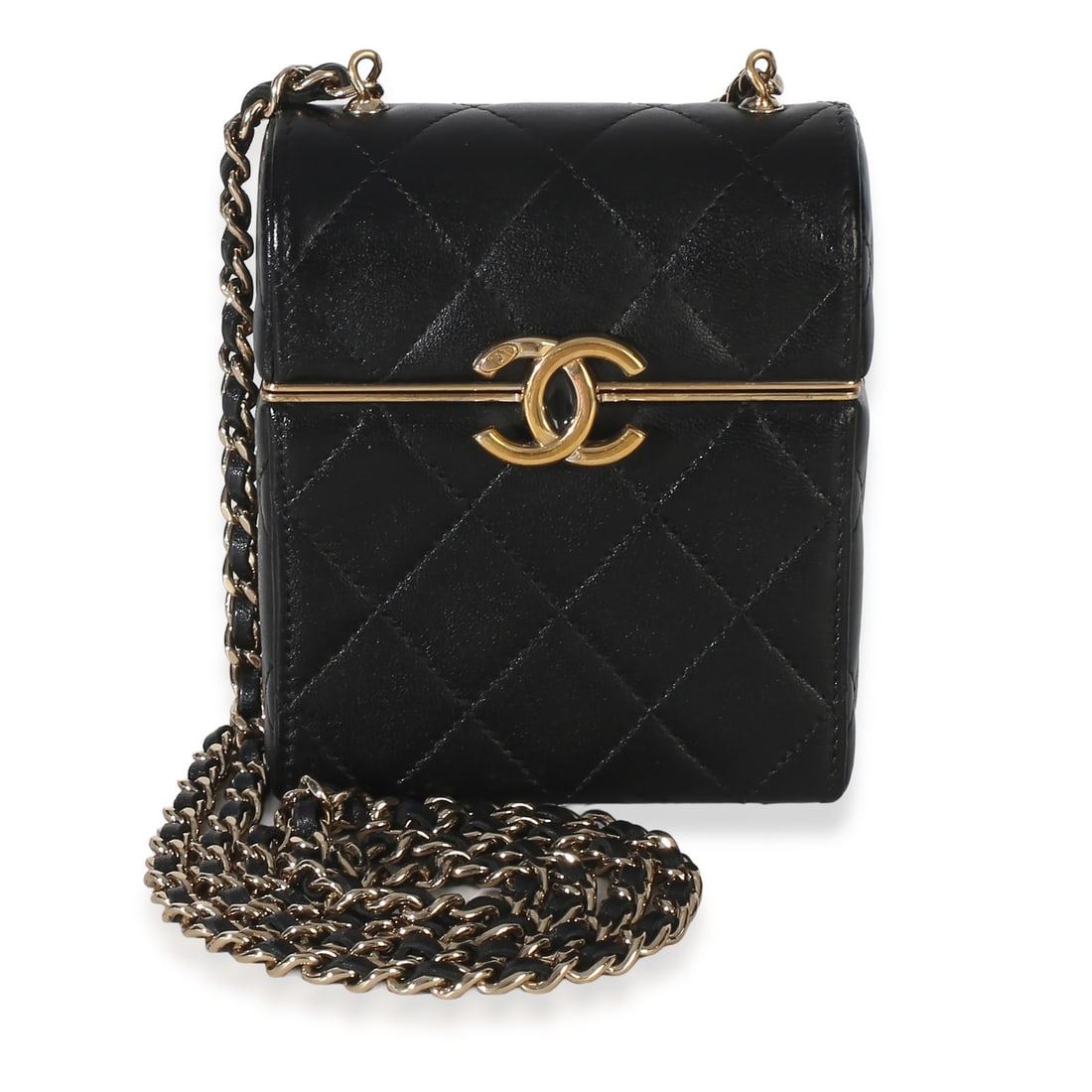 Chanel Small Box With Chain Bag Black Quilted Lambskin: Chanel Small Box With Chain Bag Black Quilted Lambskin Pre-owned Chanel Small Box With Chain Bag in black quilted lambskin. This compact bag features a push-lock closure and a chain strap, and include